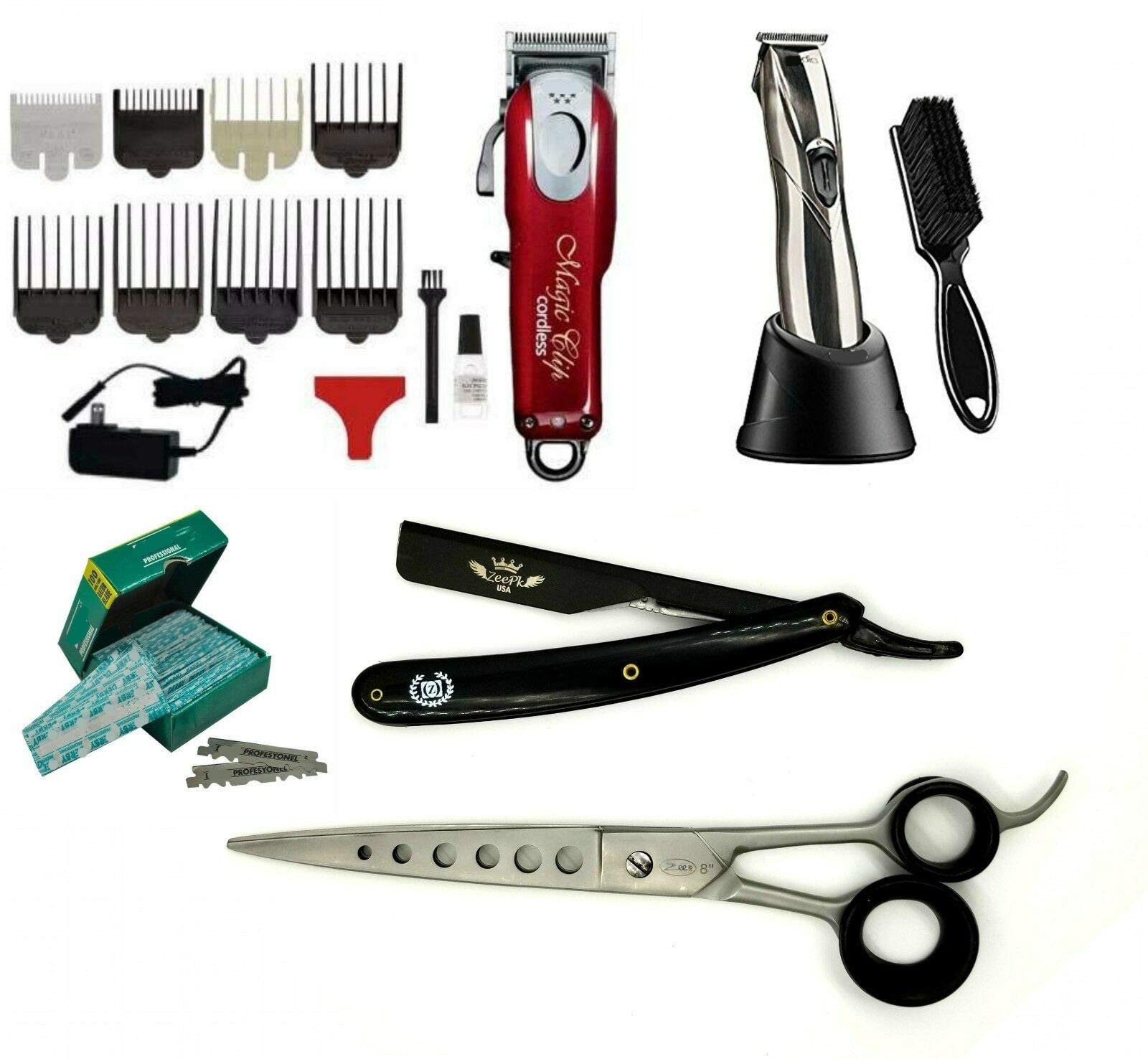 Professional Cordless Magic Hair Clipper & Trimmer Set with T-Blade & 8