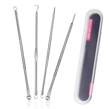 4PCS Professional Stainless Steel Blackhead Remover & Comedone Extractor Kit - Curved Blackhead Tweezers for Acne, Pimple and Blemish Removal - Perfect for Home Skincare & Facial Treatment (Beauty Tools)