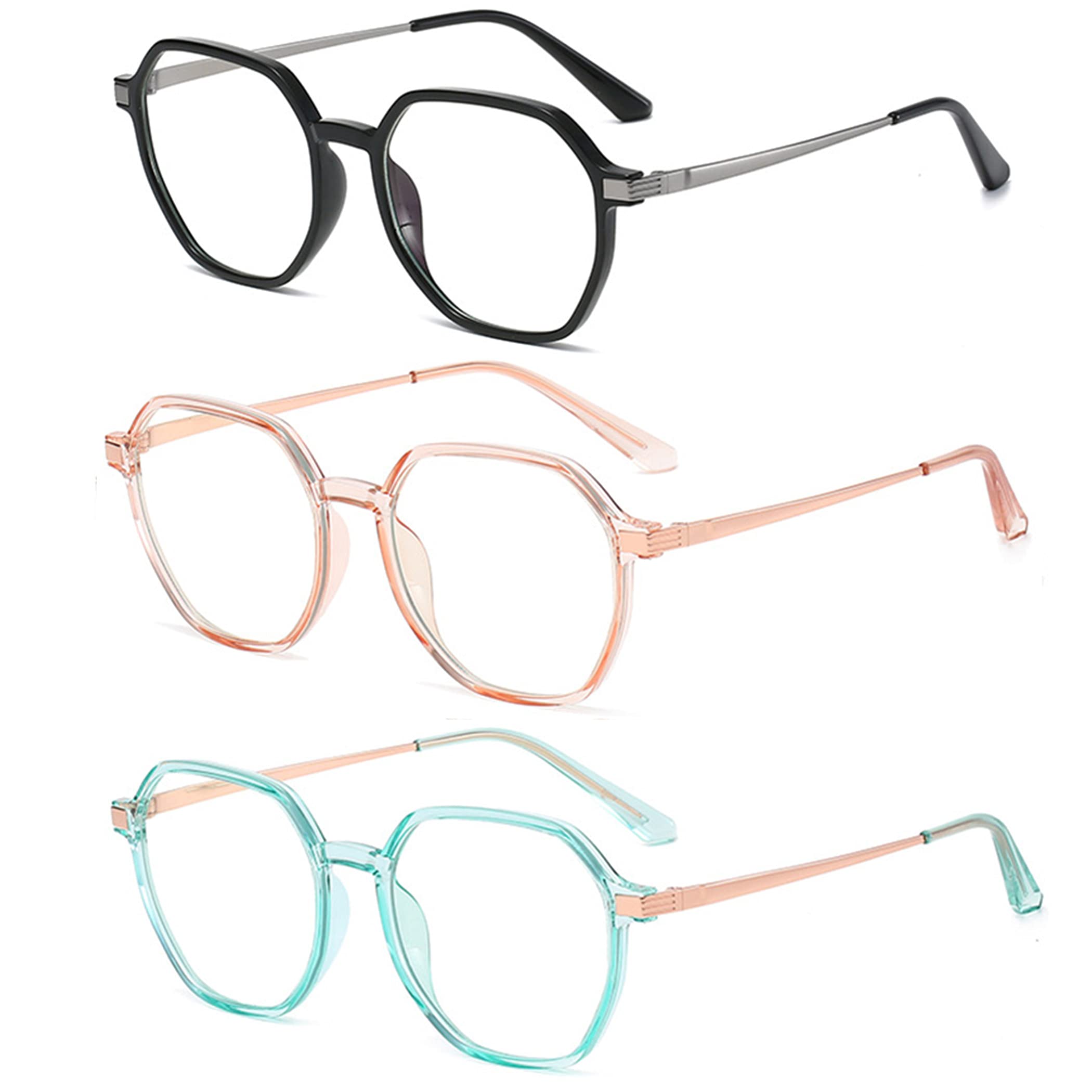 Bullabulling 3 Pack Retro Polygon Reading Glasses for Women - Blue Light Blocking Oversized Eyeglass Frames with Large Lenses - Perfect for Reading, Computer Work & Nighttime Screen Use