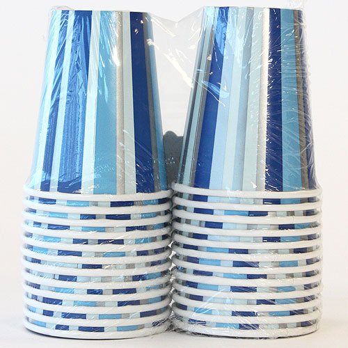 Lillian 24-Piece Twin Stack Paper Cups Set - 9oz Blue Stripe Disposable Cups for Parties, Picnics & Outdoor Events