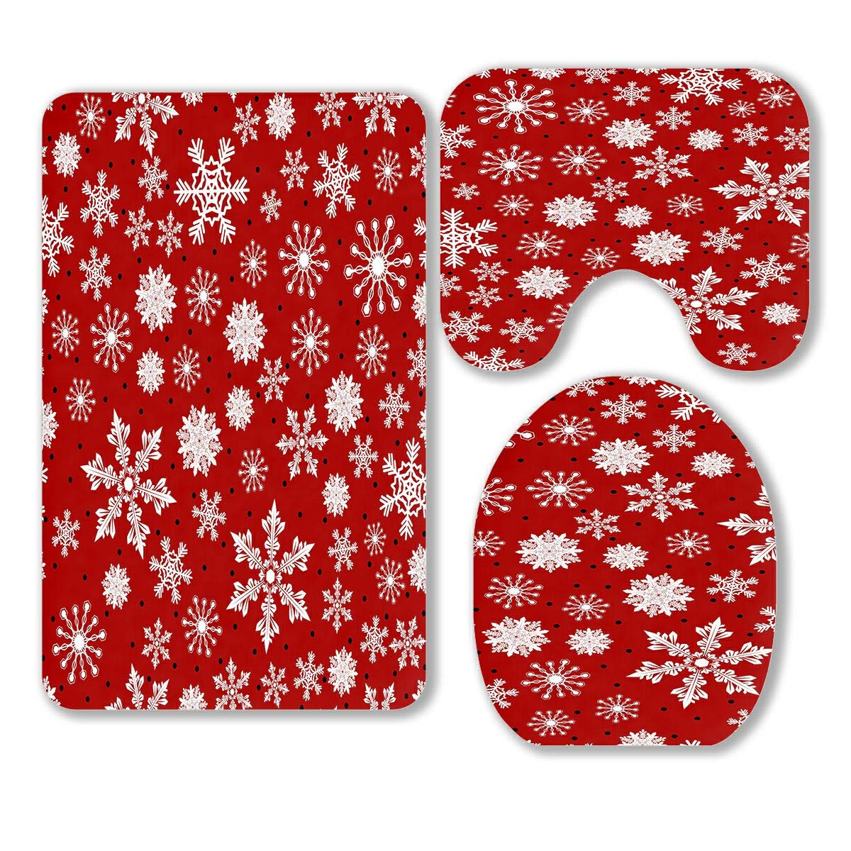 ABPHQTO Christmas Snowflakes Dots Winter Snow Xmas 3-Piece Bathroom Rug Set - Non-Slip Bath Mat, Contour Mat & Toilet Lid Cover for Holiday Home Decor (Red/White)