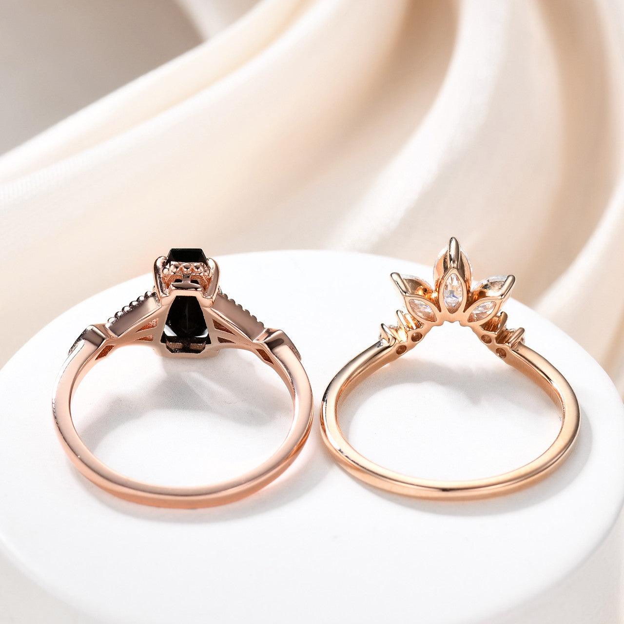 AAA Black Onyx & Spinel Coffin Wedding Ring Set for Women - August Birthstone Cocktail Ring Jewelry for Bridal, Gothic & Evening Wear