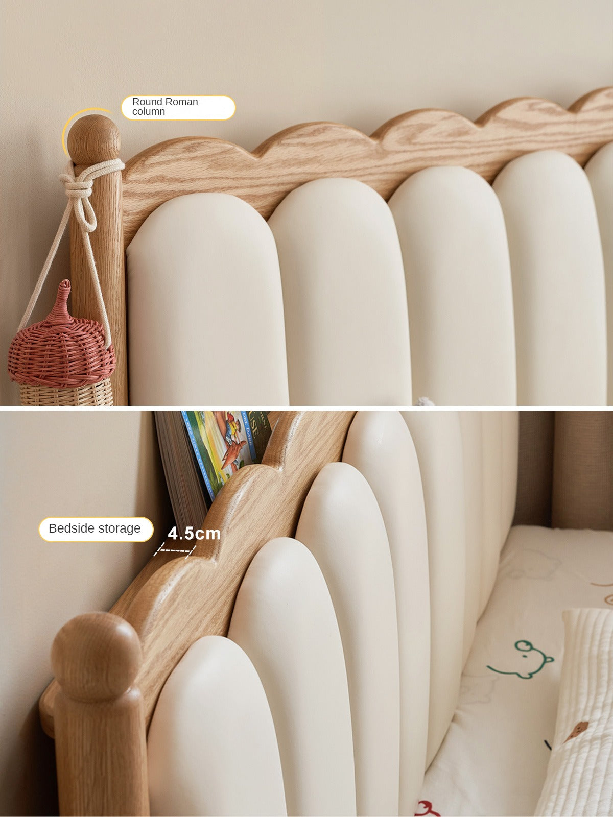Premium Oak Solid Wood Kids Upholstered Bed with Soft Headboard - Milky White | Safe & Comfortable Toddler Bedroom Furniture for Boys & Girls | Perfect for Bedrooms, Daycare & Guest Rooms