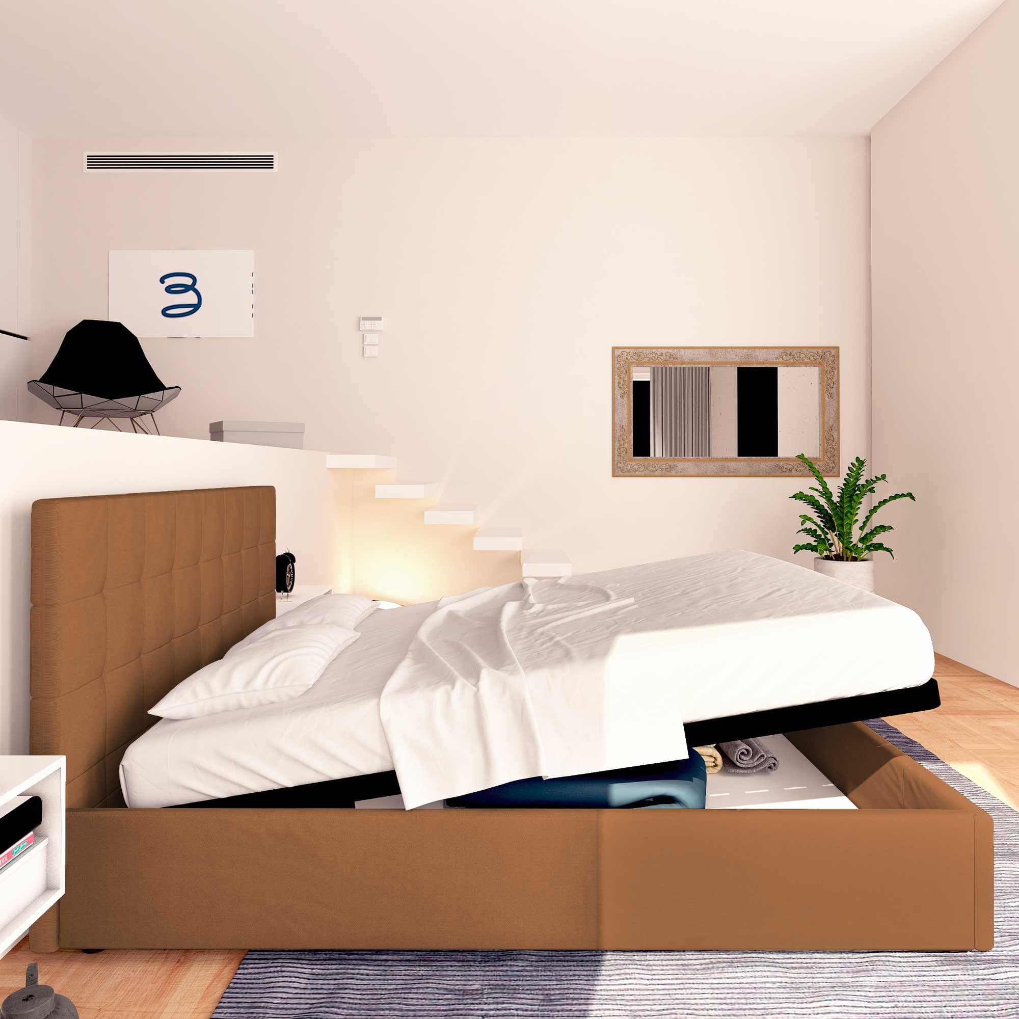 Baldiflex Single Bed with Storage Container, Foldable Dublin Model Synthetic Leather Bed Frame with Slatted Base for Single Mattress 120 x 200 cm, Elegant Headboard in Brown - Perfect for Small Apartments, Guest Rooms & Space-Saving Bedroom Solutions