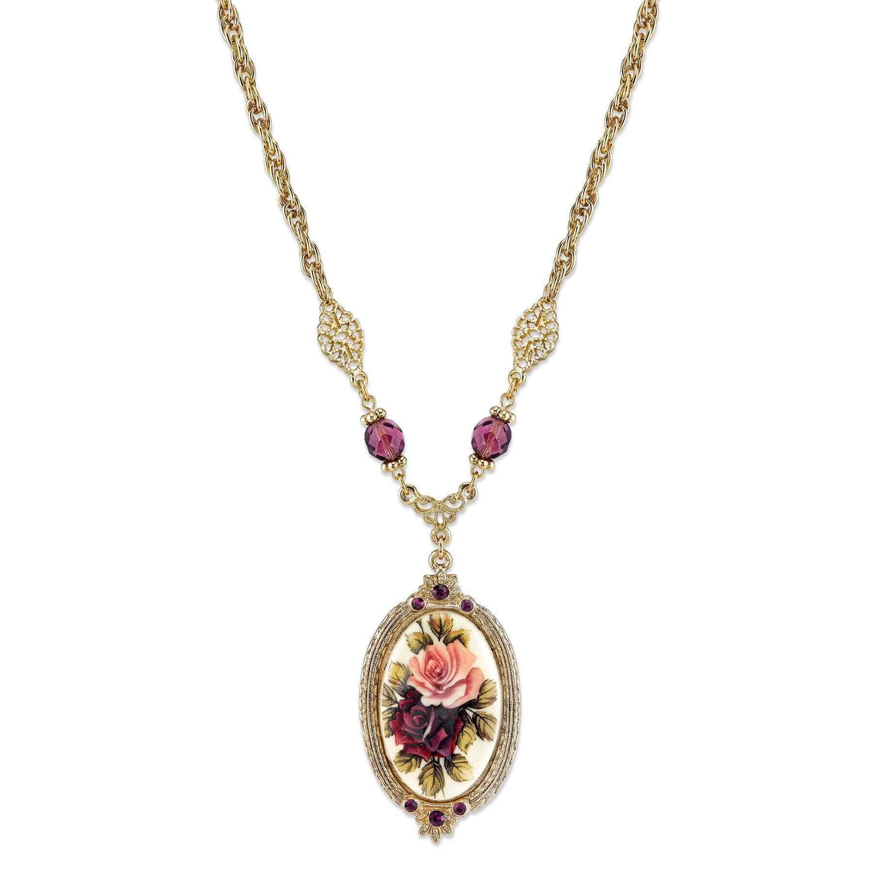 1928 Jewelry Manor House Rose Pendant Necklace with Amethyst Crystal - 16