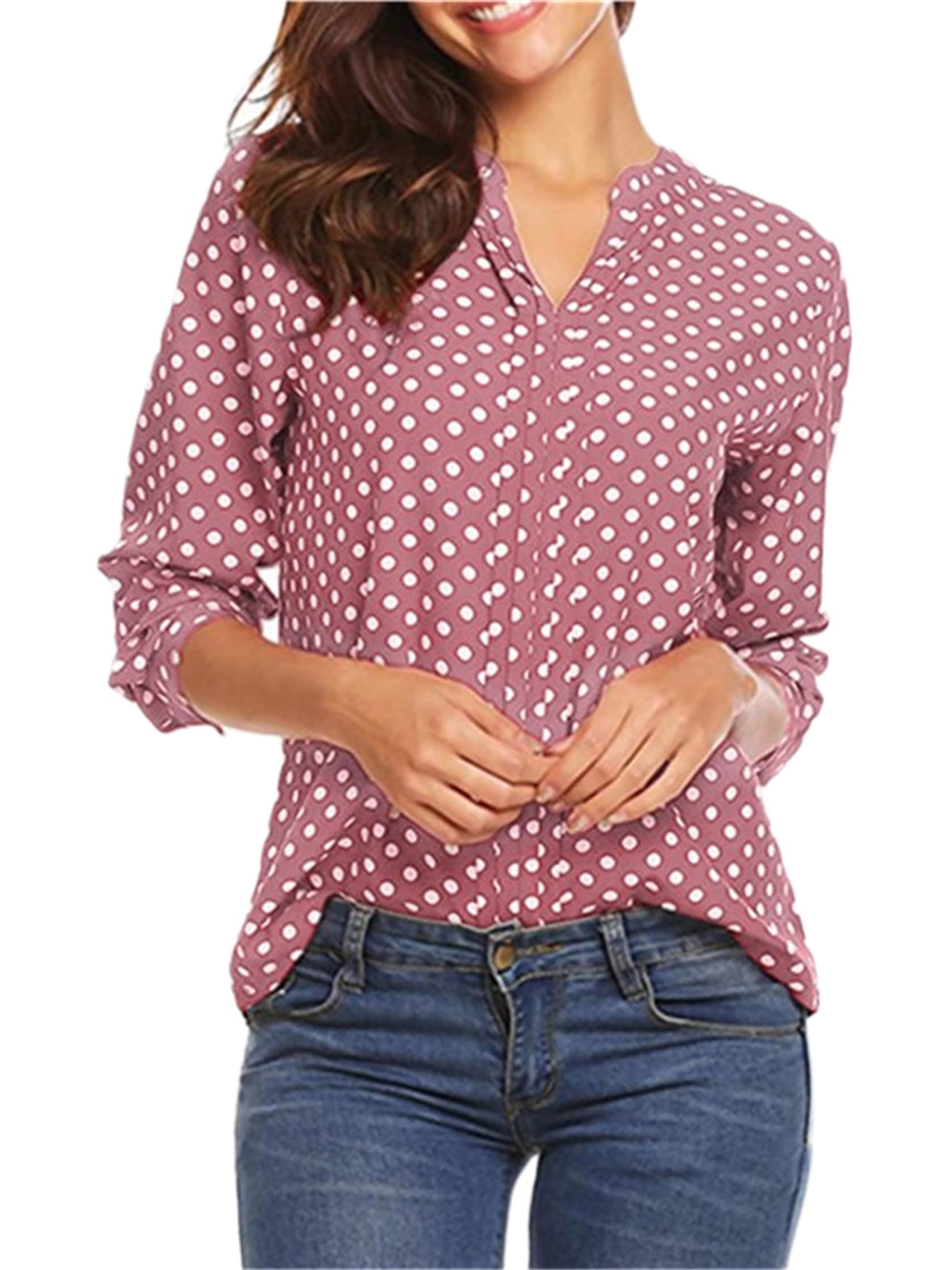 Andongnywell Women's Polka Dot Printed Button Down Shirt - Long Sleeve Casual Blouse with V-Neck for Office, Dating & Everyday Wear