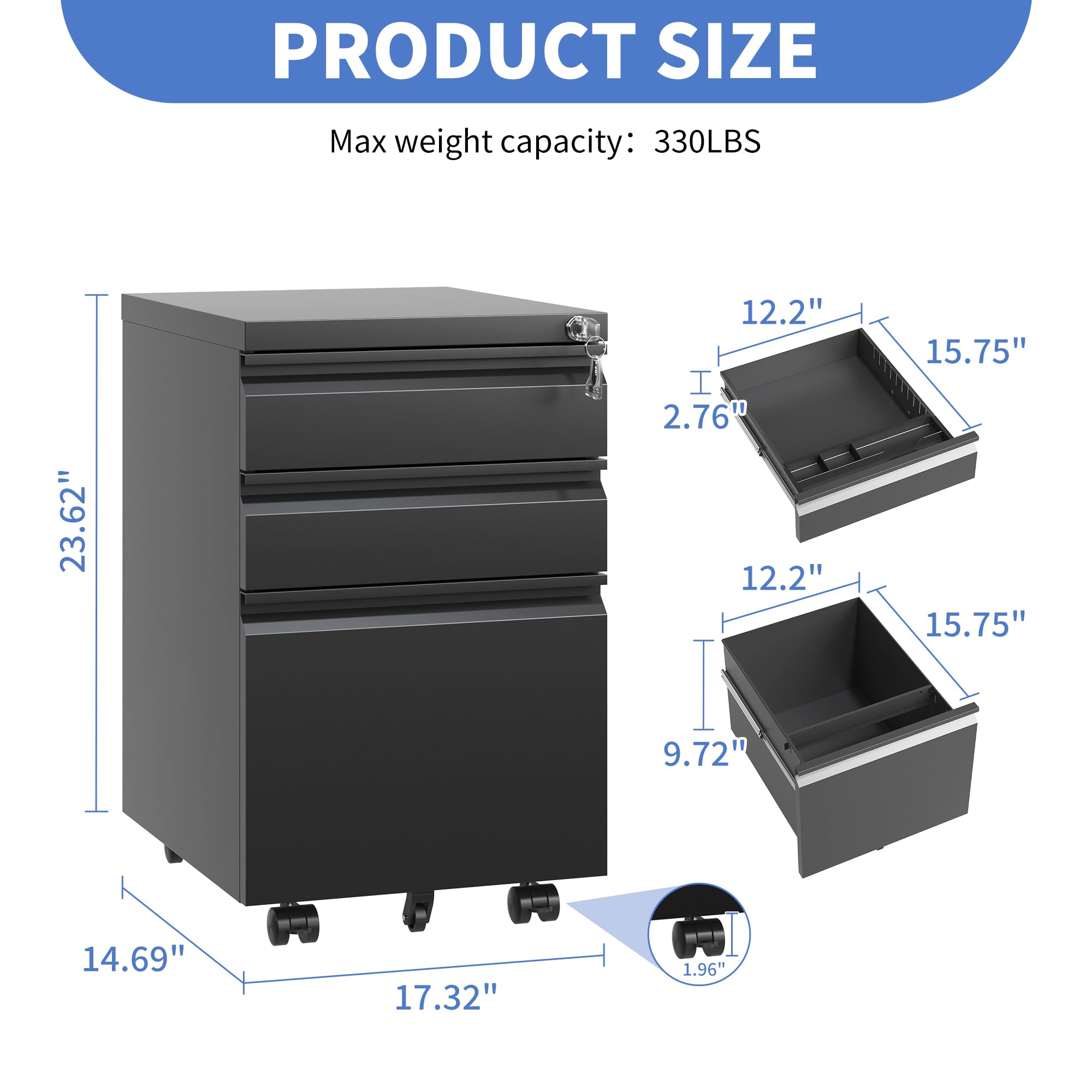 3-Drawer Locking File Cabinet with Wheels - Mobile Under Desk Storage, Fully Assembled Black Office Filing Cabinet for Home & Business Organization