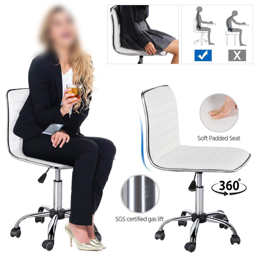 Yaheetech White Home Office Desk & Chair Set - Corner Writing Study Desk with Drawer & Shelf, PU Leather Low Back Armless Rolling Chair - Perfect for Home Office, Living Room, Study & Small Spaces