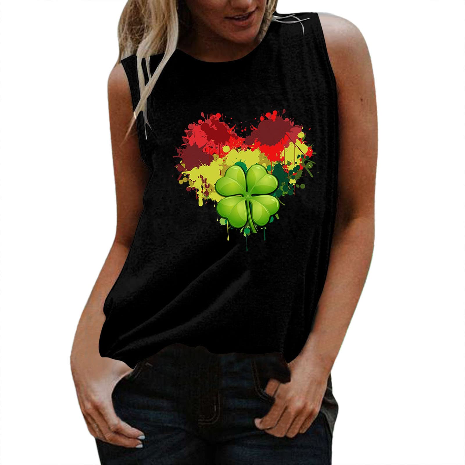 Women's Summer Tunic Tops - St. Patrick's Day Sleeveless Round Neck Loose Tee with Heart Print | Casual Wear, Beach Outfits & Holiday Parties
