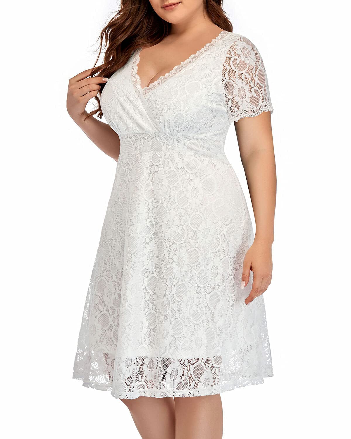 Elegant Plus Size Lace Wedding Guest Dress - V-Neck Short Sleeve Wrap Midi Cocktail Dress for Women | Perfect for Formal Events, Bridal Showers & Special Occasions