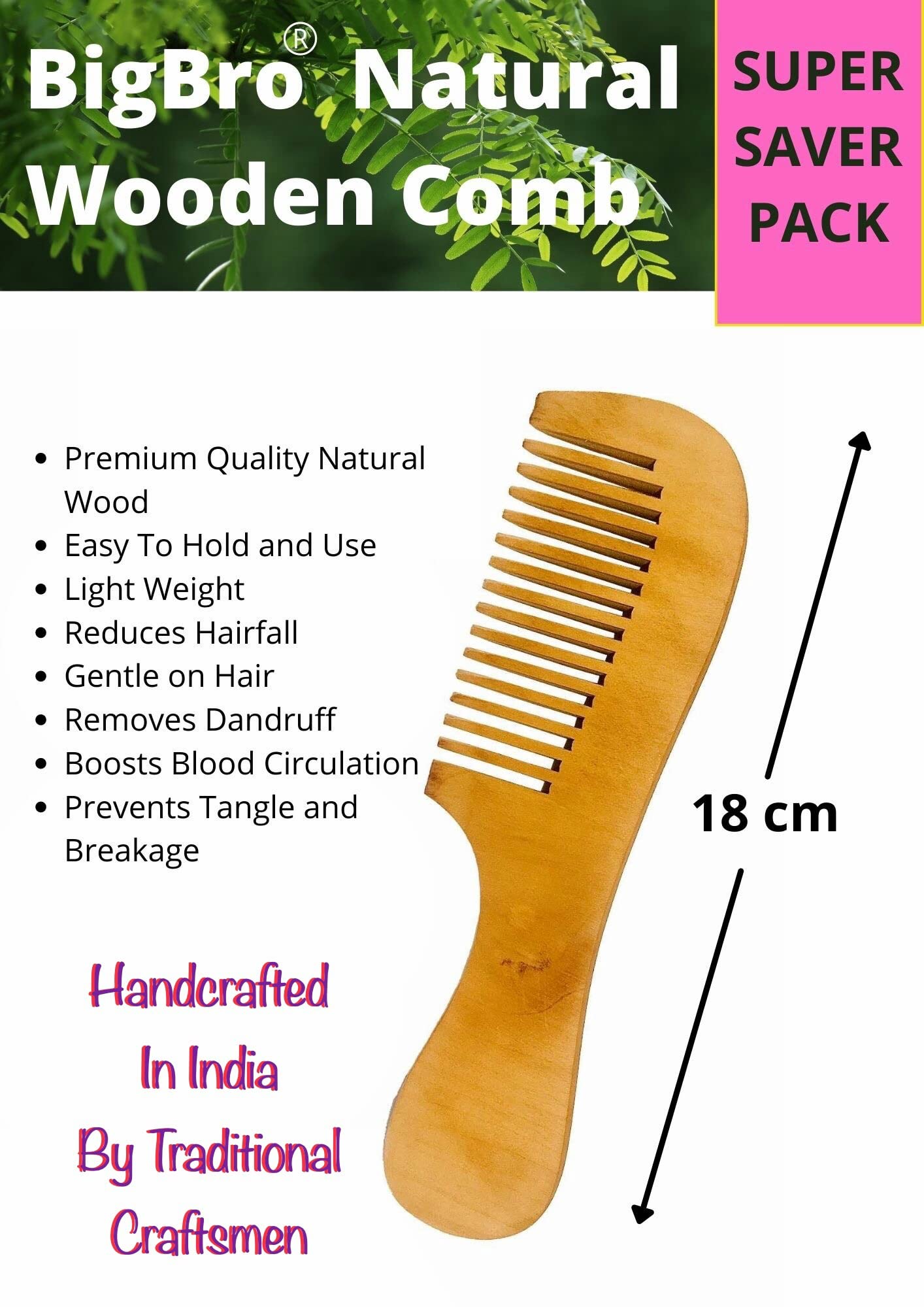 Pure Natural Wooden Wide Tooth Comb with Handle for Women & Men | Organic Antibacterial Hair Care & Dandruff Removal | Handcrafted Styling Comb for Detangling & Scalp Massage | Includes 2 Velvet Hair Scrunchies | Perfect for Daily Hair Care, Travel & Gifts