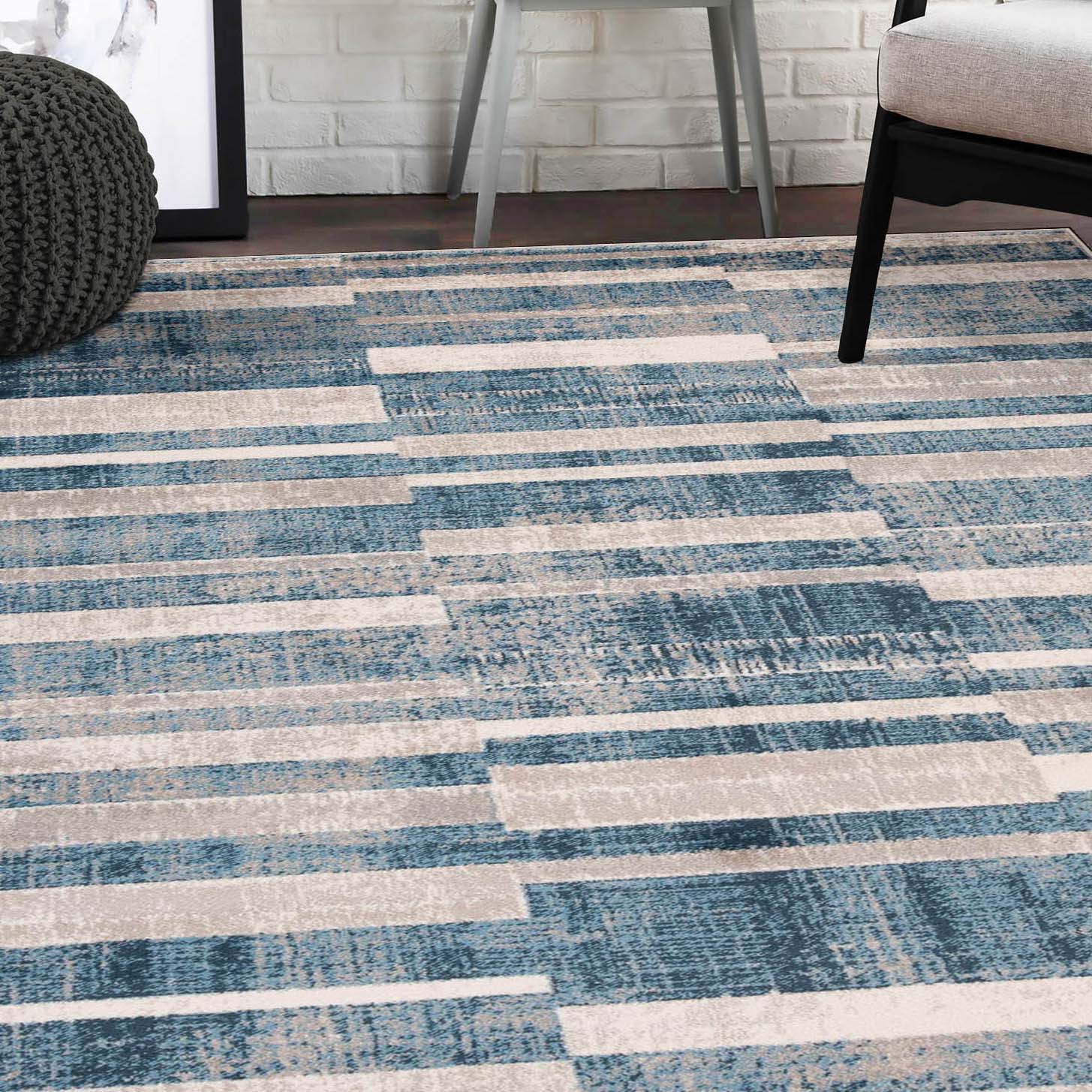 Radko Modern Striped Indoor Area Rug or Runner - Soft Non-Slip Living Room Carpet - Perfect for Bedroom, Hallway & Home Decor