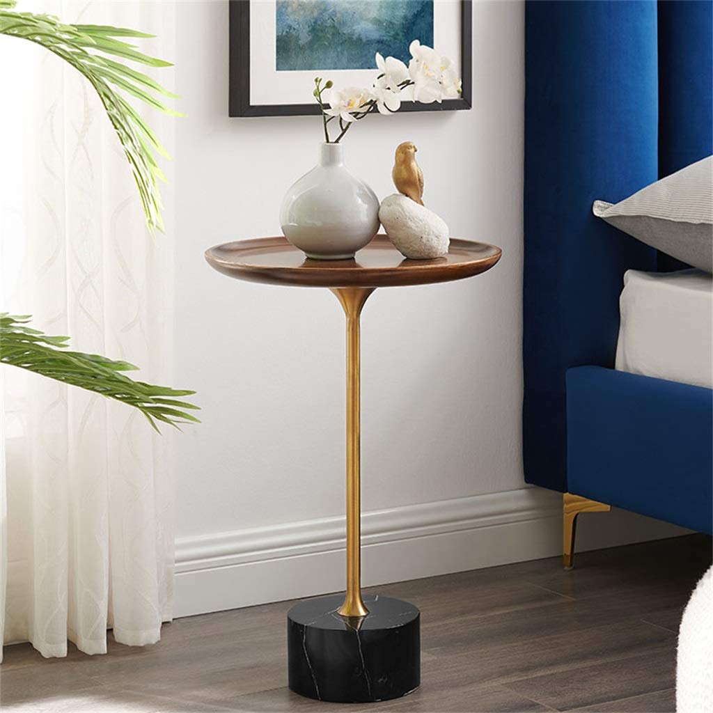 Modern Round Coffee Table & Nightstand - Rubber Wood with Stainless Steel Bracket & Marble Feet for Living Room, Bedroom, Office - Perfect for Coffee, Reading & Decor