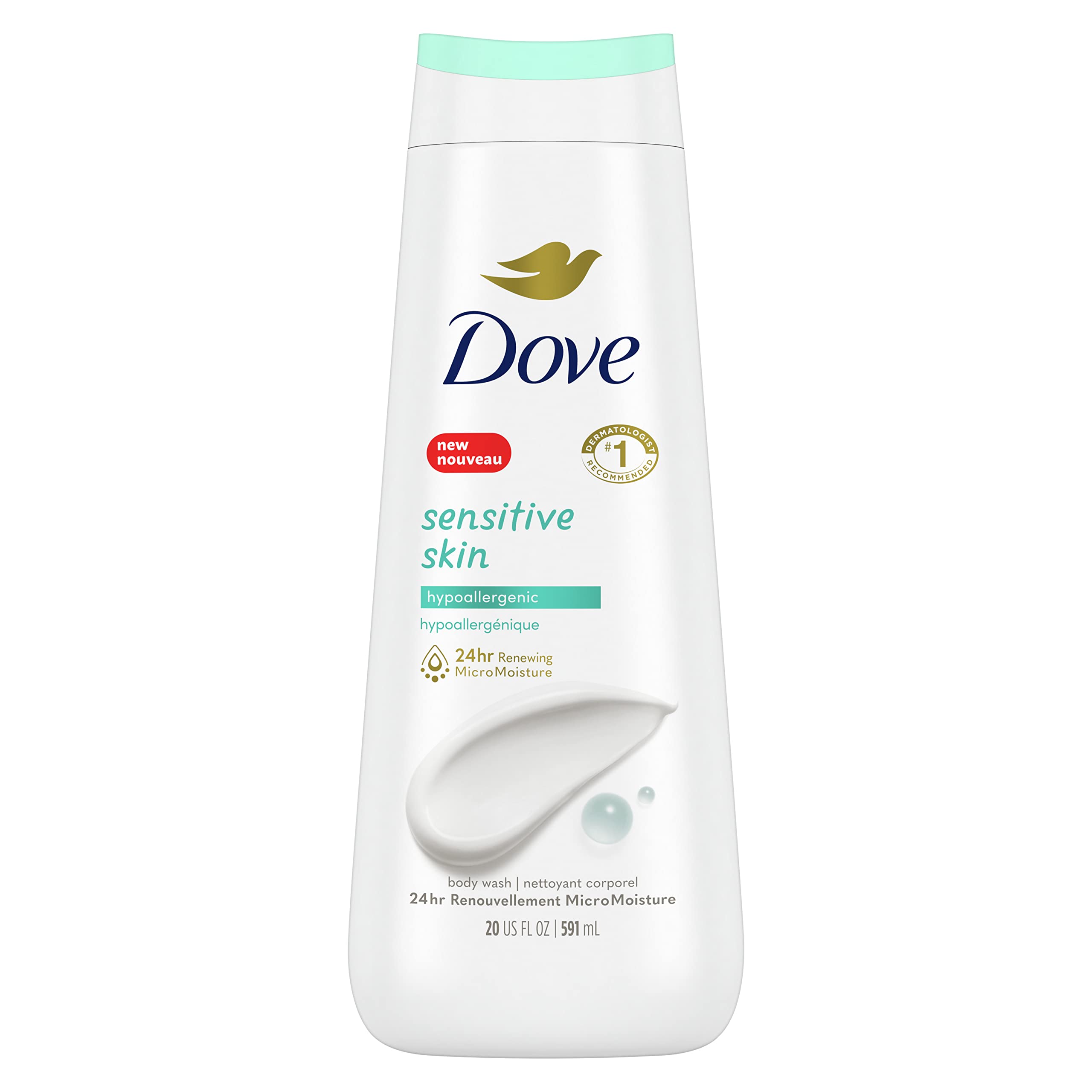 Dove Hypoallergenic Sulfate-Free Body Wash for Sensitive Skin - 22 oz | Deep Cleansing & Nourishing Formula | Gentle Daily Shower for Dry, Irritated Skin | Effectively Removes Bacteria While Moisturizing