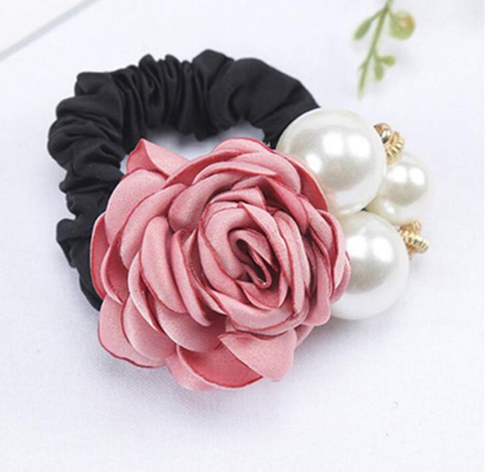 AKOAK Retro Pearl Rose Headband - High Elastic Hair Accessories for Women, Elegant Artificial Pearl Hair Circle, Velvet Ponytail Holder (Korean Pink) - Perfect for Weddings, Parties & Daily Fashion Styling