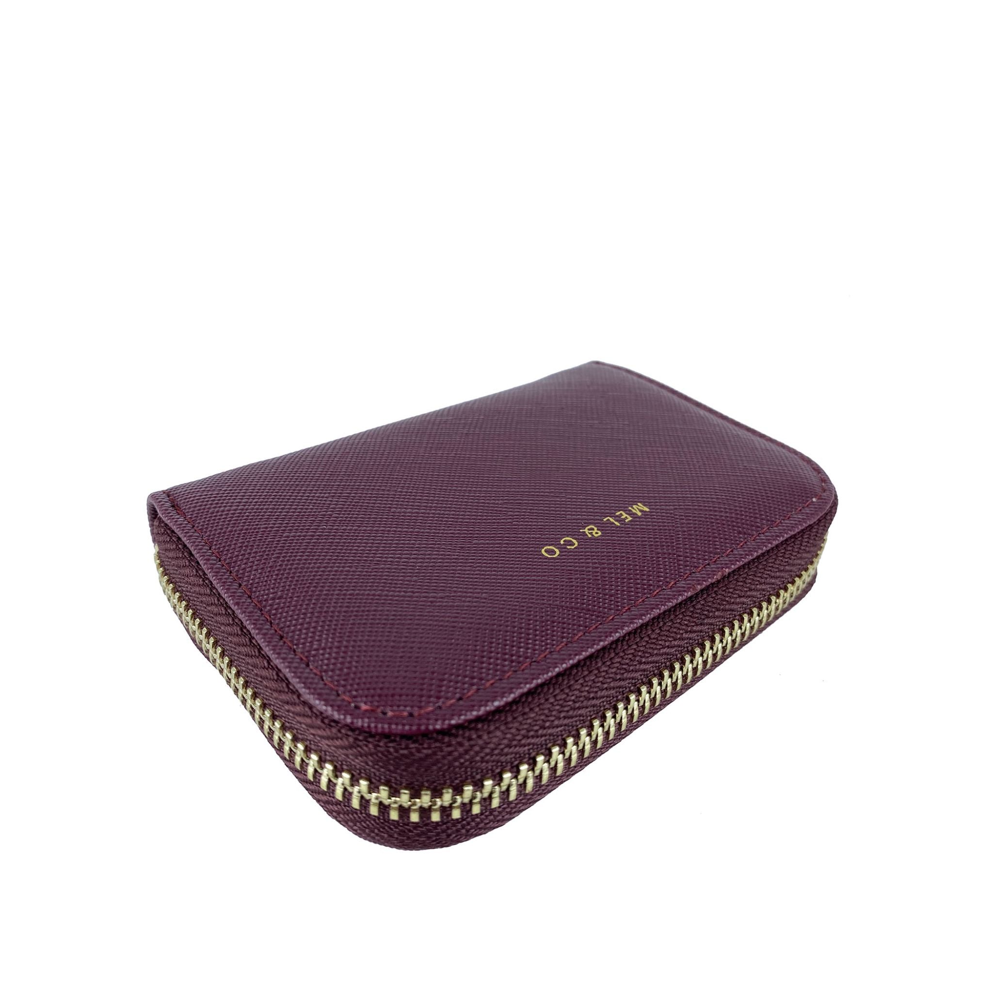 Mel&Co Saffiano Effect Zip Around Card Holder Wallet - Slim RFID Blocking Credit Card Case for Women & Men - Perfect for Travel, Business, and Everyday Use (Wine Red)