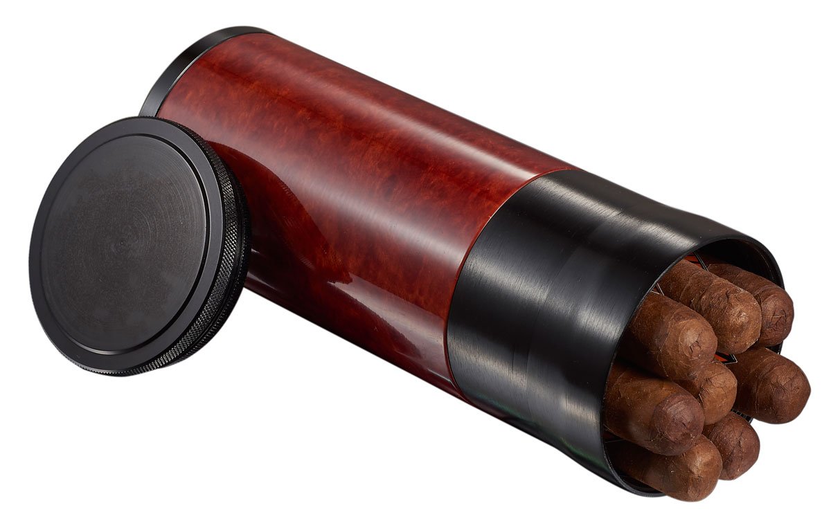 Premium Visol Carlos 7-Cigar Travel & Desk Humidor - Burlwood & Black Finish - Perfect for Home, Office & Travel Use