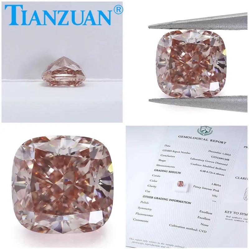 Lab Grown CVD Cushion Cut Fancy Intense Pink Diamond - VVS1/VS1/VS2 Clarity, 2EX Cut, GEMID Certified Loose Gemstone for Engagement Rings & Jewelry Making