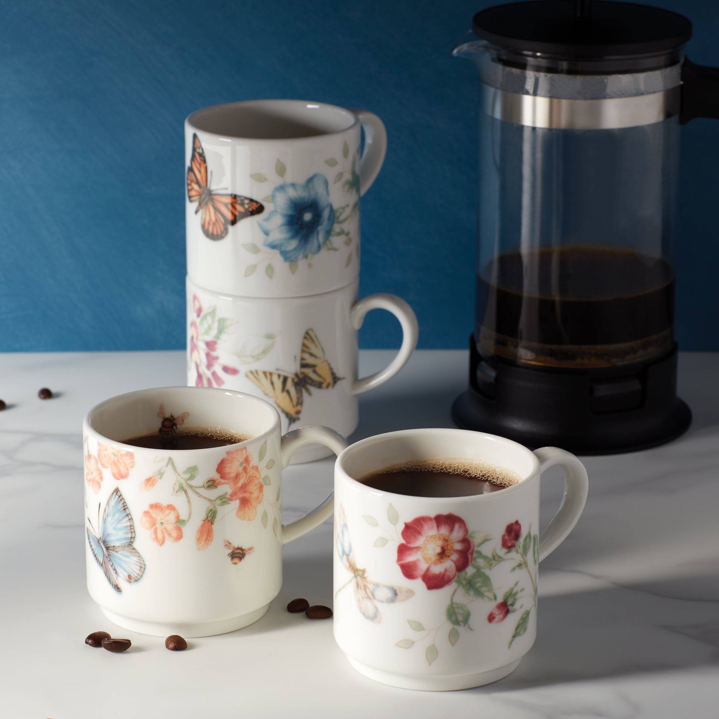 Butterfly Meadow Stacking Mugs Set of 4 - Colorful Ceramic Coffee Cups for Tea, Hot Drinks - Perfect for Home, Office & Gifts