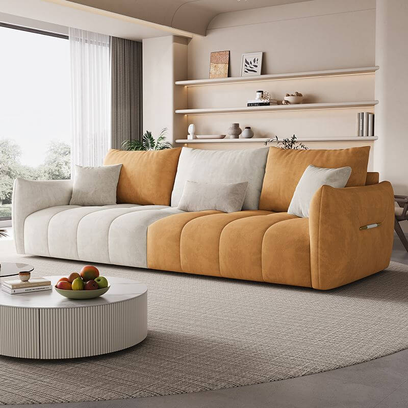 Minimalist Pine Off White Grey Peony Floor Sofa 3 Seater with Wide Pillow Back & Square Arm - Modern Living Room Furniture for Small Spaces, Lounge, Reading Nook & Cozy Home Decor