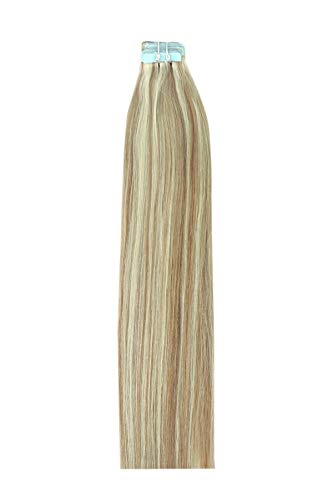 20 Inch Tape in Hair Extensions 100g 40pcs - Real Human Remy Hair, Silky Straight, Glue-in Extensions, Color #18/613 Dark Blonde with Platinum Highlights - Perfect for Daily Wear, Parties, Weddings & Special Occasions