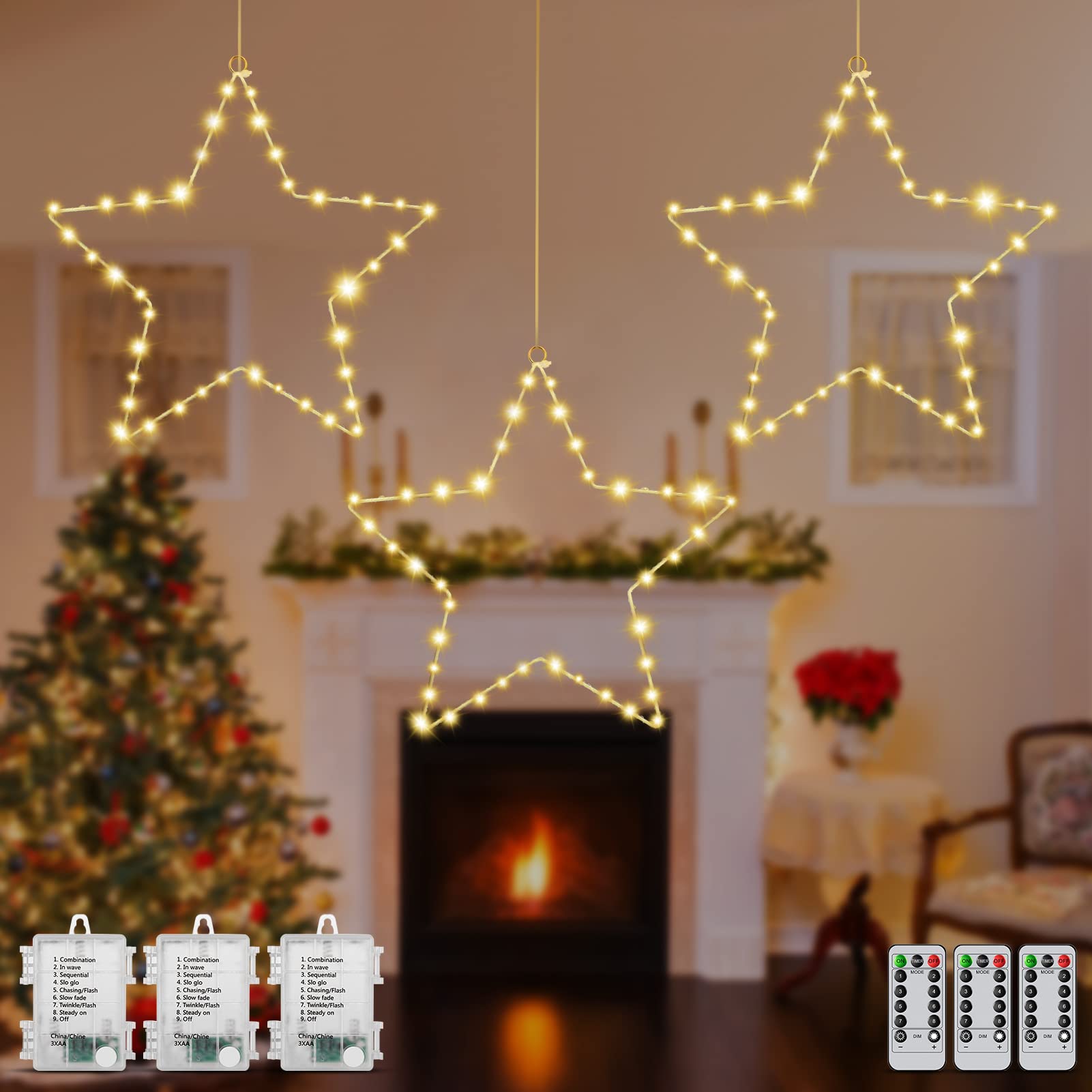 MAOYUE 3 Pack Christmas Window Star Lights - Battery Operated with Timer, 8 Lighting Modes & 3 Remotes - Indoor/Outdoor Holiday Decor for Windows, Porch, Party (Warm White) - Perfect for Christmas, Winter, Home & Garden Decorations
