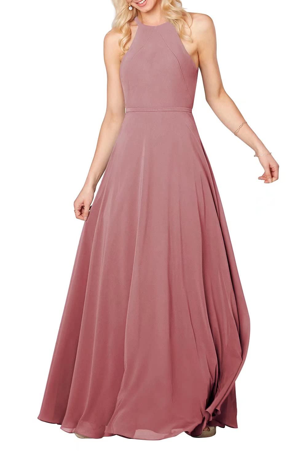 Elegant Chiffon Halter Long Bridesmaid Dress with Keyhole Back - Women's Formal Prom Gown for Wedding Guest, Party & Special Occasions