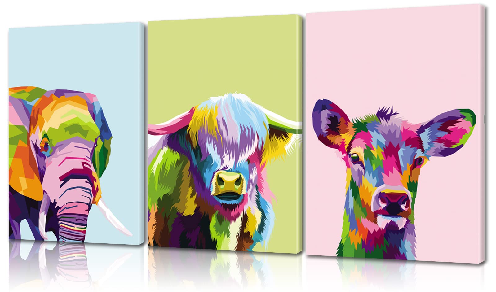 3-Piece Colorful Animal Wall Art Set - Cow, Elephant & Sheep Pop Art Prints for Living Room, Bedroom Decor (16