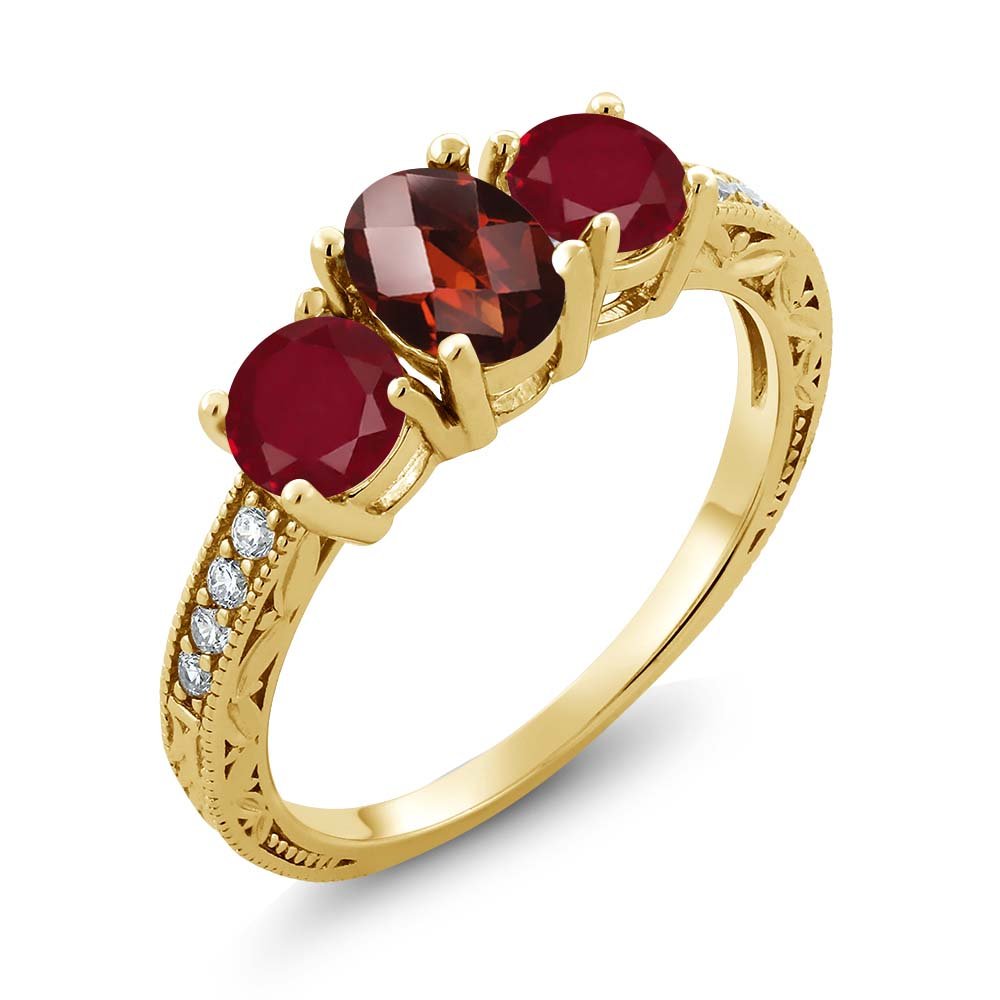 2.02 Ct Oval Checkerboard Red Garnet Ruby Ring - 18K Yellow Gold Plated Sterling Silver Jewelry for Women | Valentine's Day Gift, Anniversary Present, Party Wear