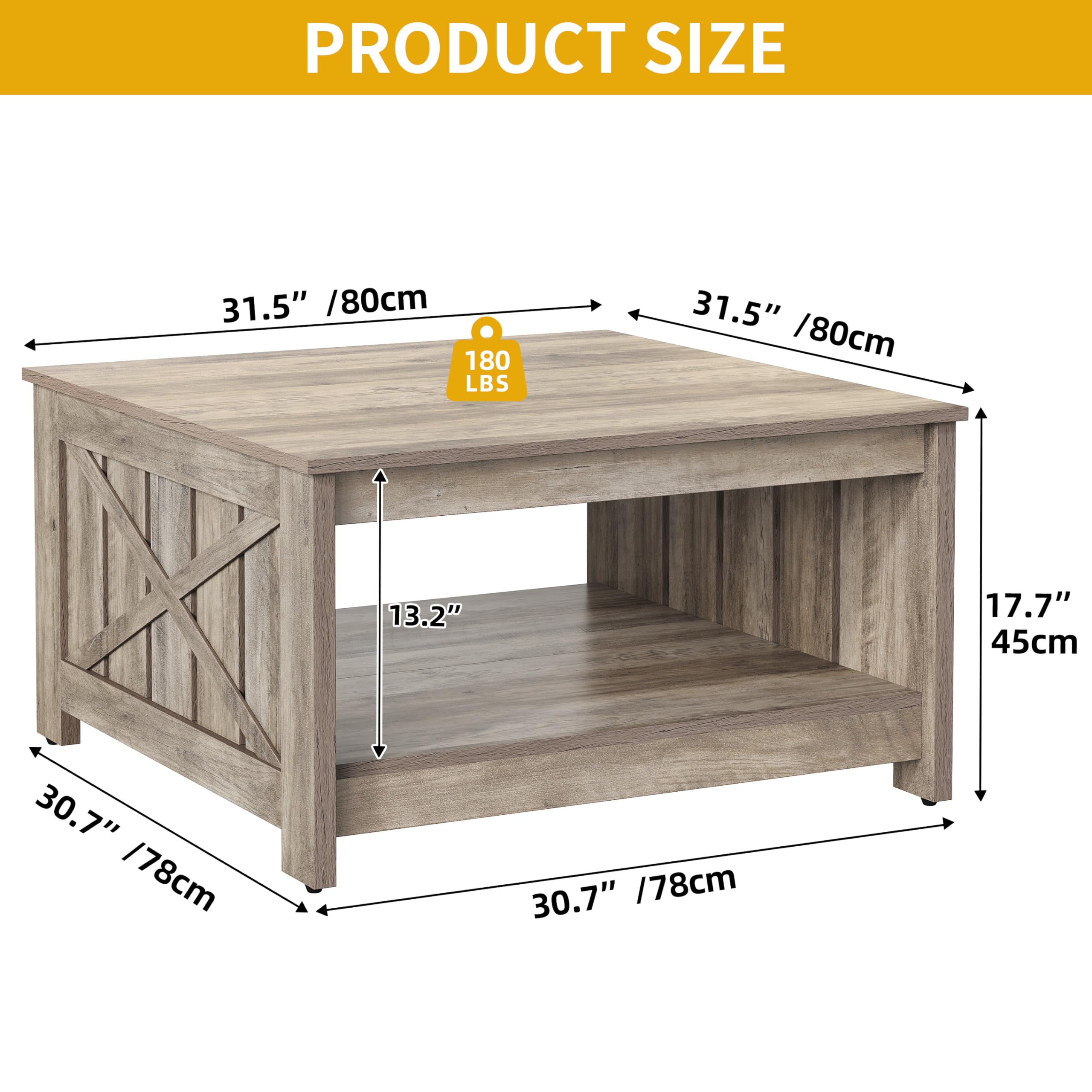 Farmhouse Square Coffee Table with 2-Tier Storage - Rustic Grey Wood Center Table for Living Room | Half Open Storage Compartment | Perfect for Small Spaces, Home Decor & Cozy Gatherings