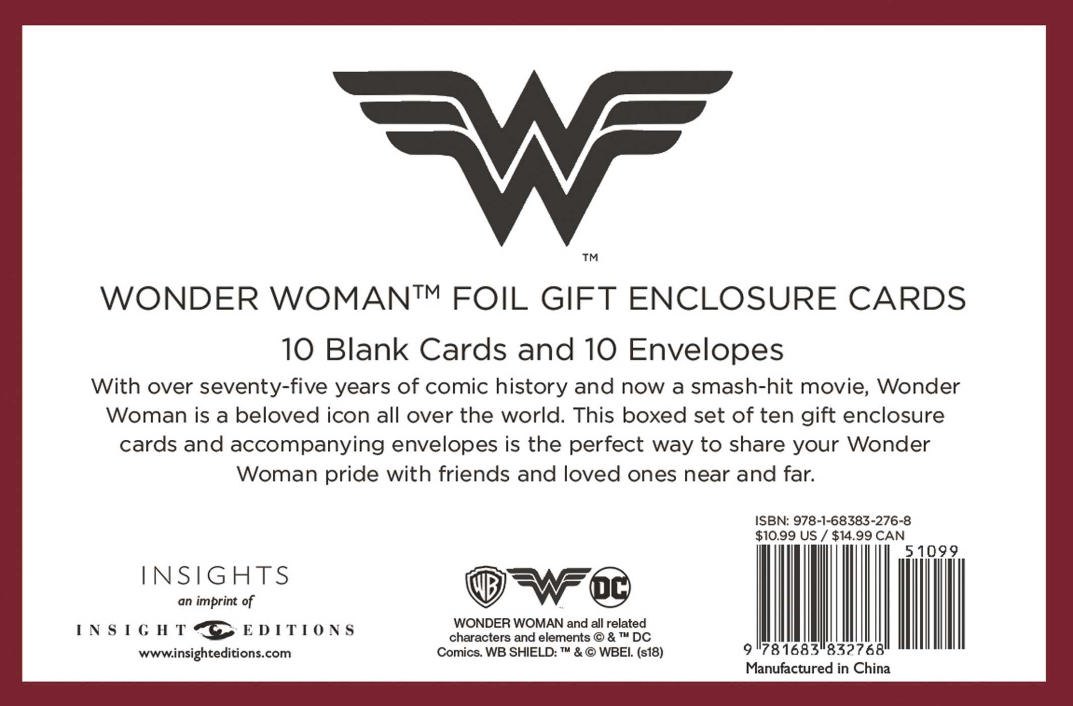 DC Comics Wonder Woman Foil Gift Enclosure Cards - Set of 10 Premium Greeting Cards for Birthday, Wedding, Thank You Notes & Special Occasions