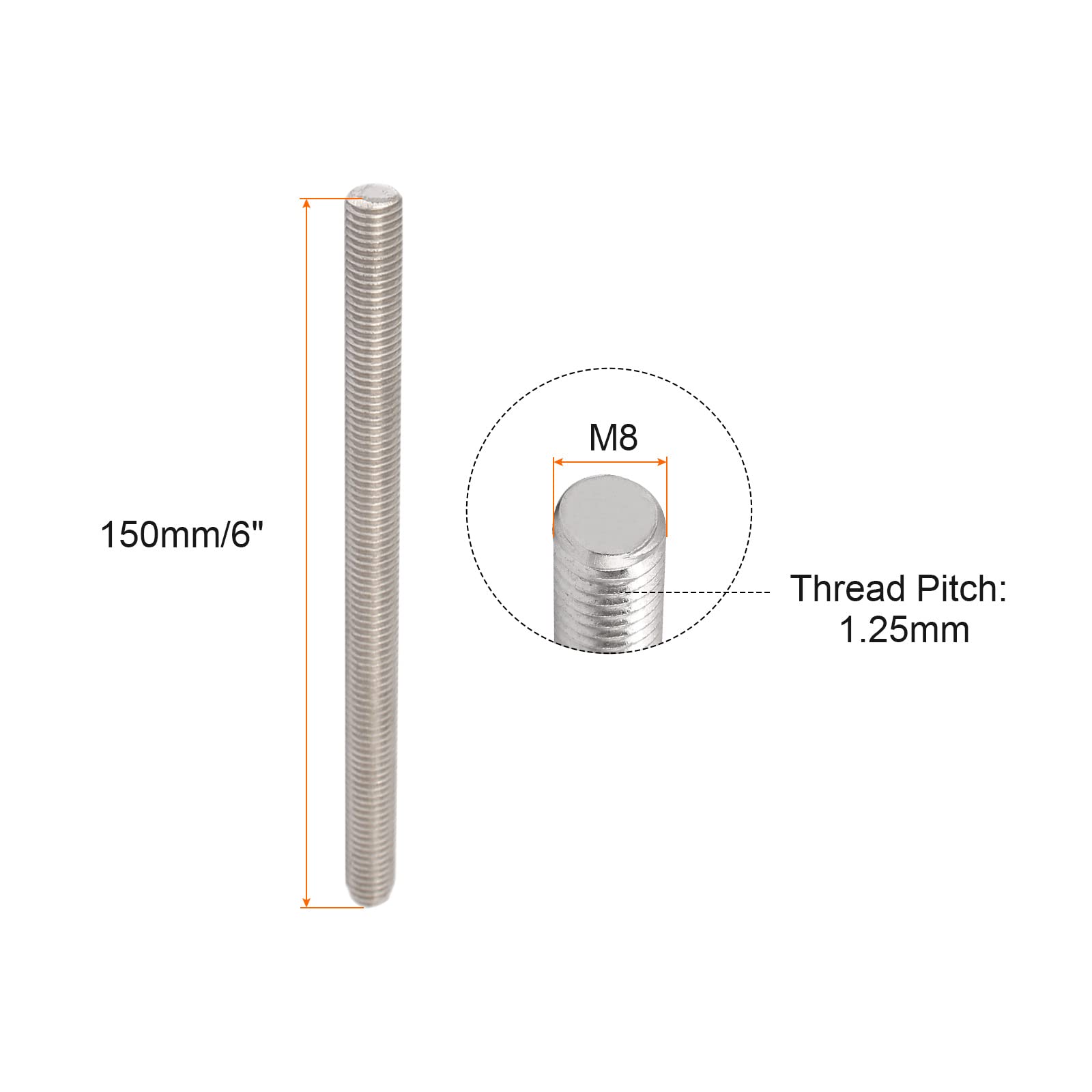 Stainless Steel Threaded Rod M8x150mm - 10 Pack for Clamps & U-Bolts