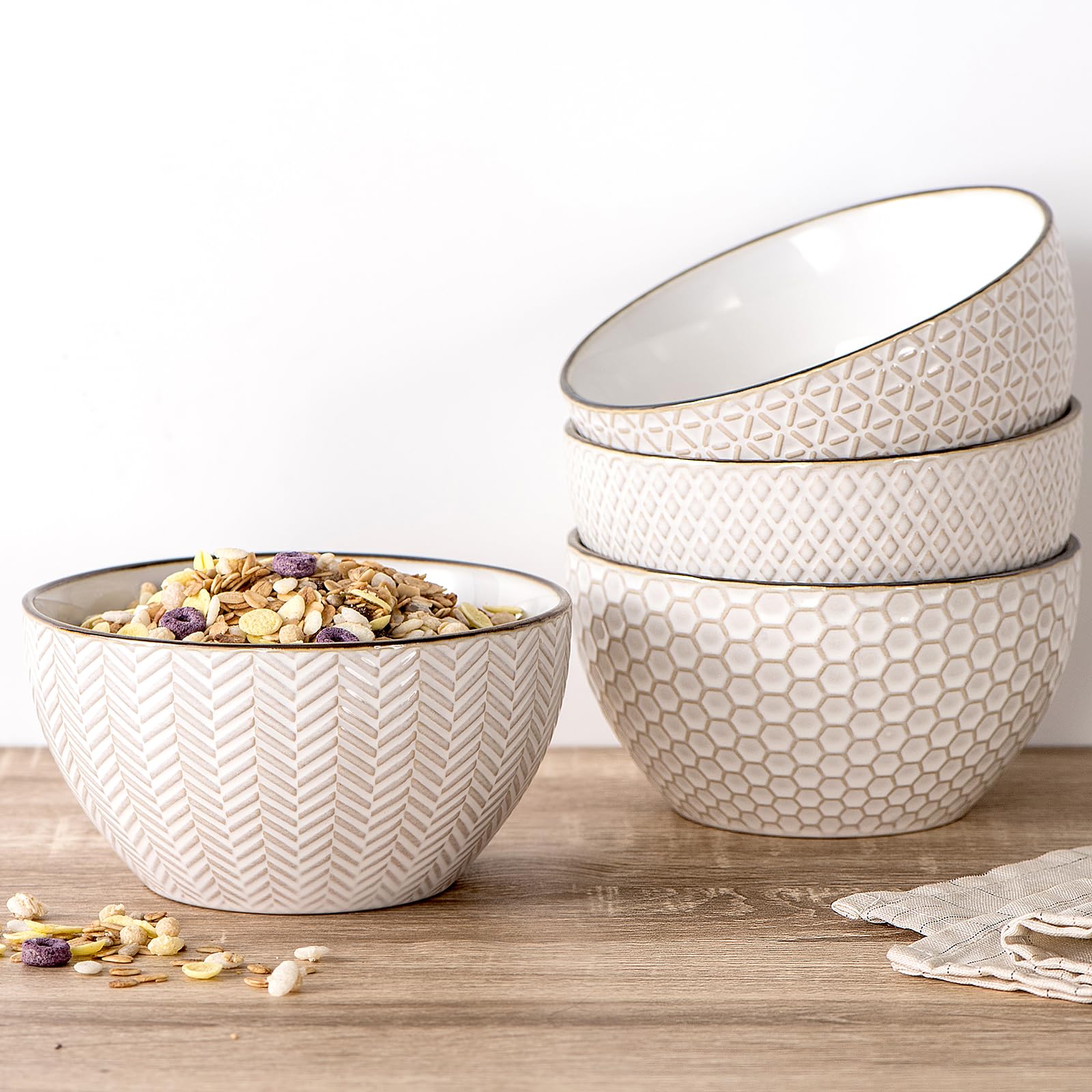 Premium 26oz Ceramic Soup Bowls Set of 4 - Stoneware Cereal & Rice Bowls for Oatmeal, Salad, Dessert - Microwave, Dishwasher & Oven Safe White Embossed Kitchenware - Perfect for Family Dinners & Entertaining Guests