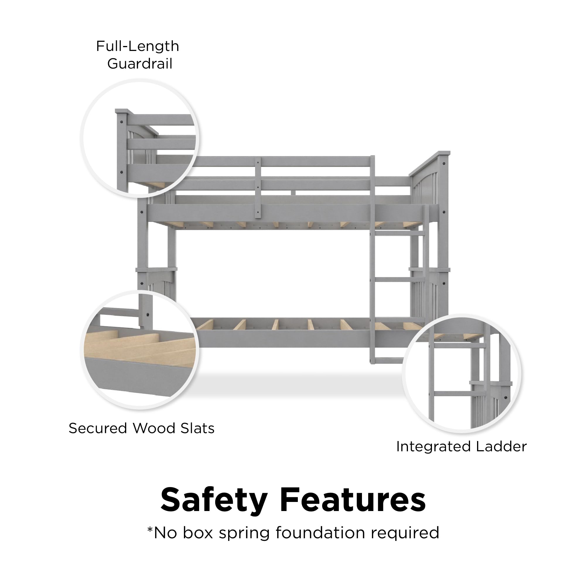 DHP Dylan Wood Twin Over Twin Bunk Bed with Ladder, Grey - Space-Saving Kids Bedroom Furniture for Siblings or Sleepovers
