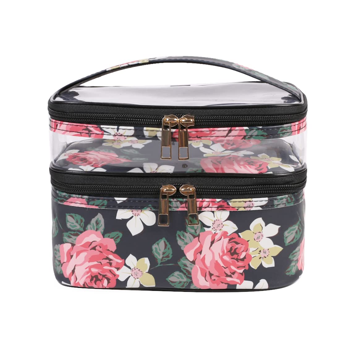FITINI Double Layer Water-resistant Makeup Bag for Women - Travel Cosmetic Organizer with Brush Holder, Toiletry Storage Case (Black Peony) | Perfect for Travel, Gym, and Daily Makeup Organization