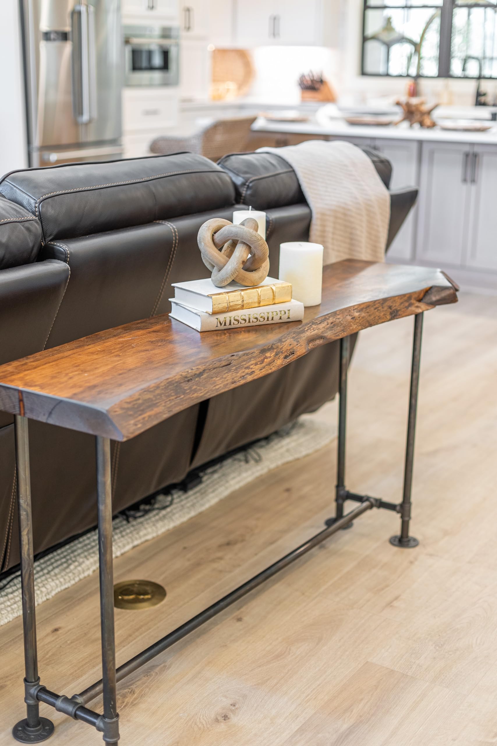 Industrial Pipe Sofa Table - Live Edge Wood Console Table for Entryway, Behind Couch or Hallway - Rustic Honey Pine Finish - Perfect for Farmhouse, Industrial & Modern Home Decor