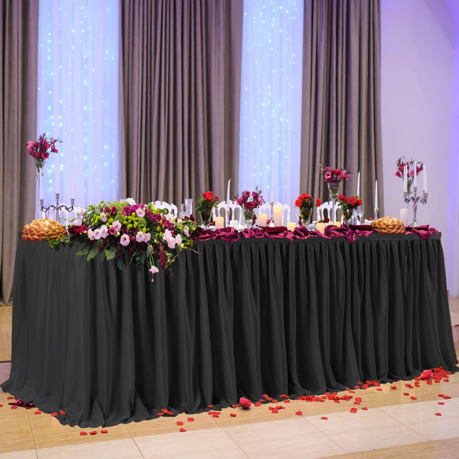 Black Polyester Table Skirt 17ft - Wrinkle Resistant for Banquet Wedding Baby Shower