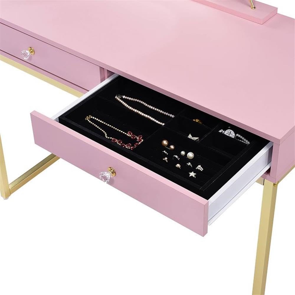 Acme Coleen 2-Drawer Wooden Vanity Desk with Jewelry Tray - Pink & Gold Finish | Perfect for Bedroom Makeup Organization & Jewelry Storage