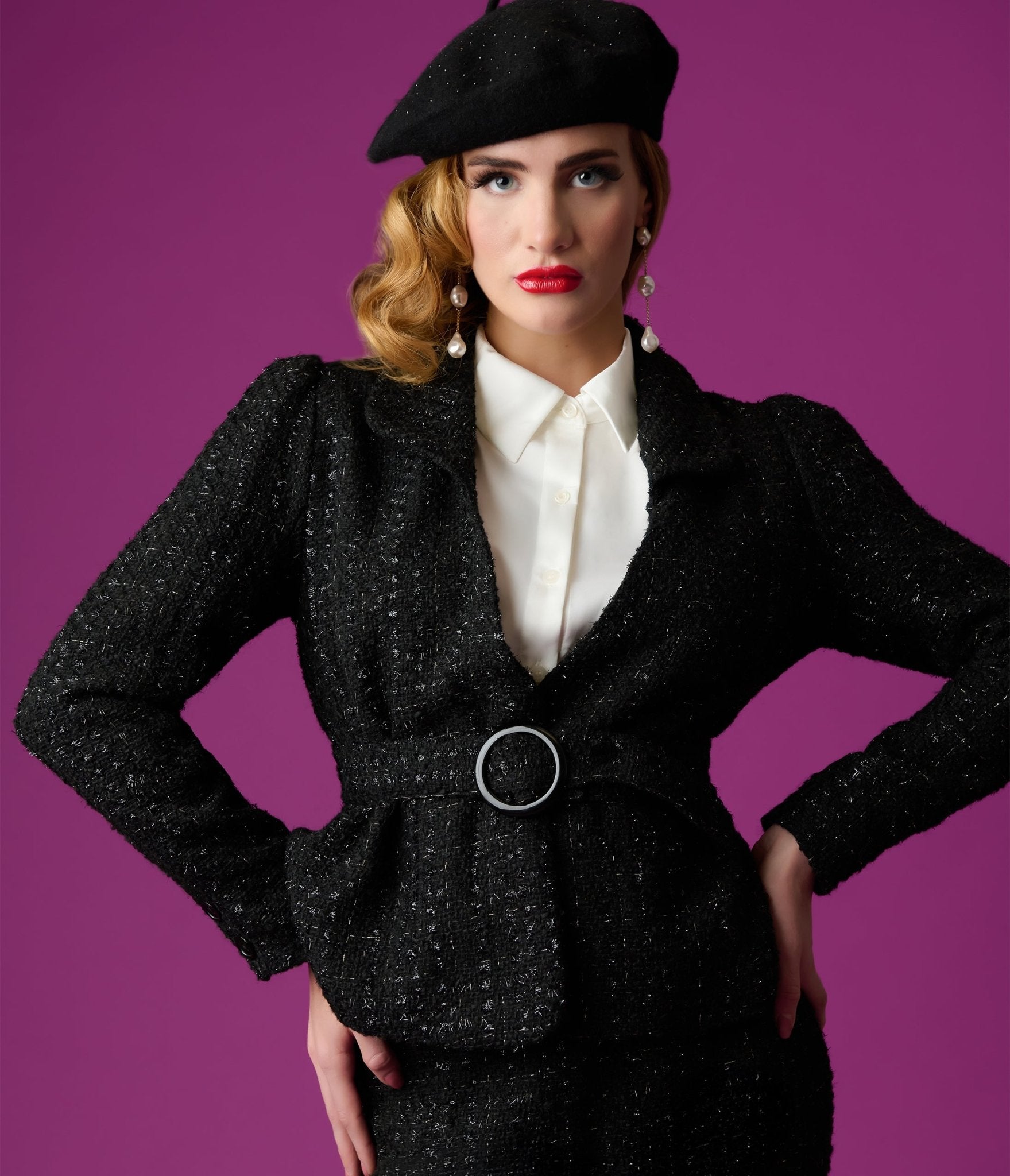 Vintage 1940s Black Lurex Tweed Belted Jacket - Retro Women's Fashion Coat for Office, Party & Special Occasions
