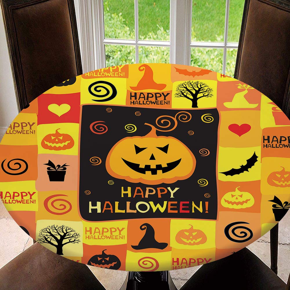 Halloween Round Tablecloth with Elastic Edge - Bat & Pumpkin Design, Fits 35