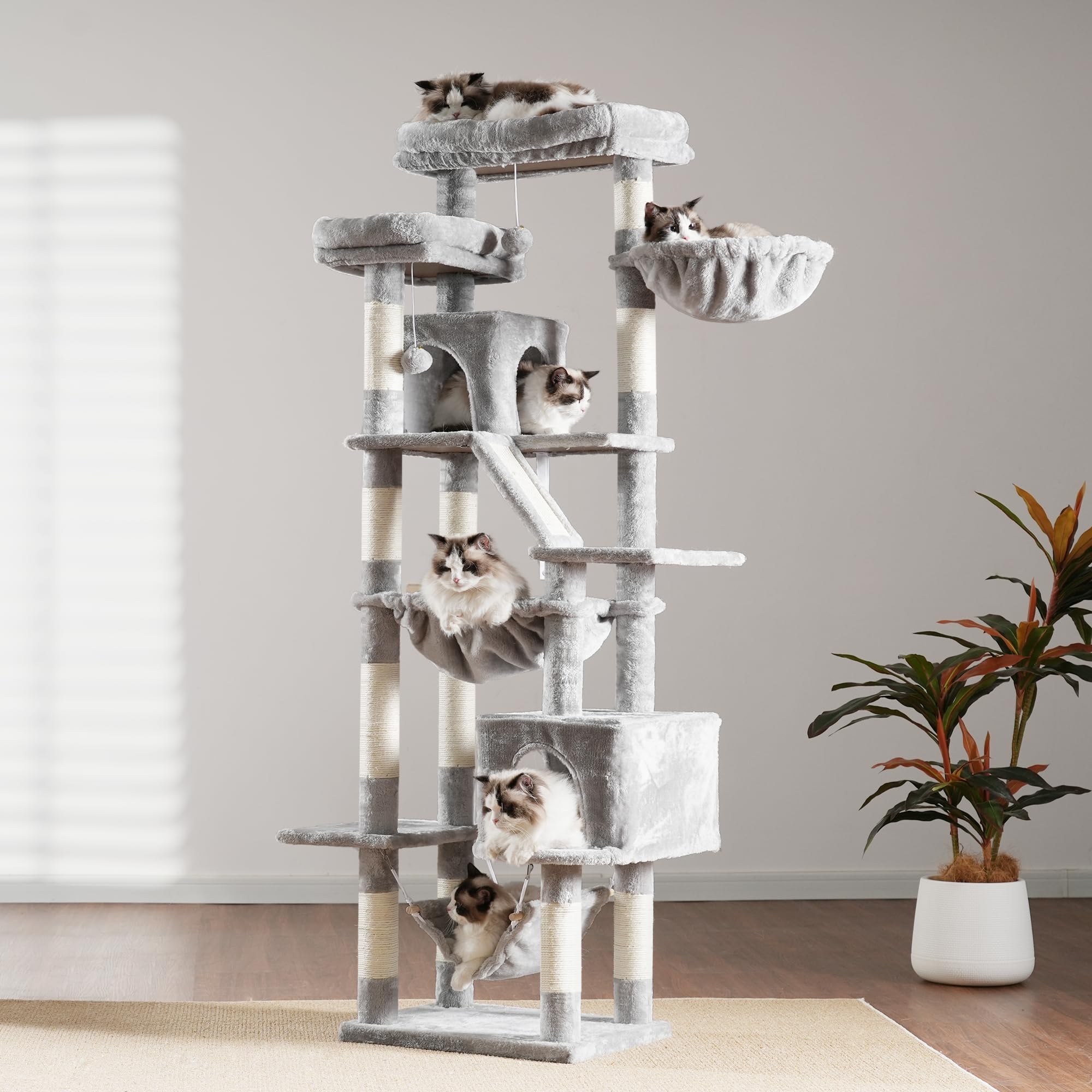 Heybly 71-Inch Tall Cat Tree with 2 Perches, 2 Condos & 2 Hammocks - Multi-Level Cat Tower with Scratching Pad & Basket - Large Indoor Cat Furniture for Play & Rest (Light Gray HCT034W) - Perfect for Small Spaces & Multi-Cat Homes