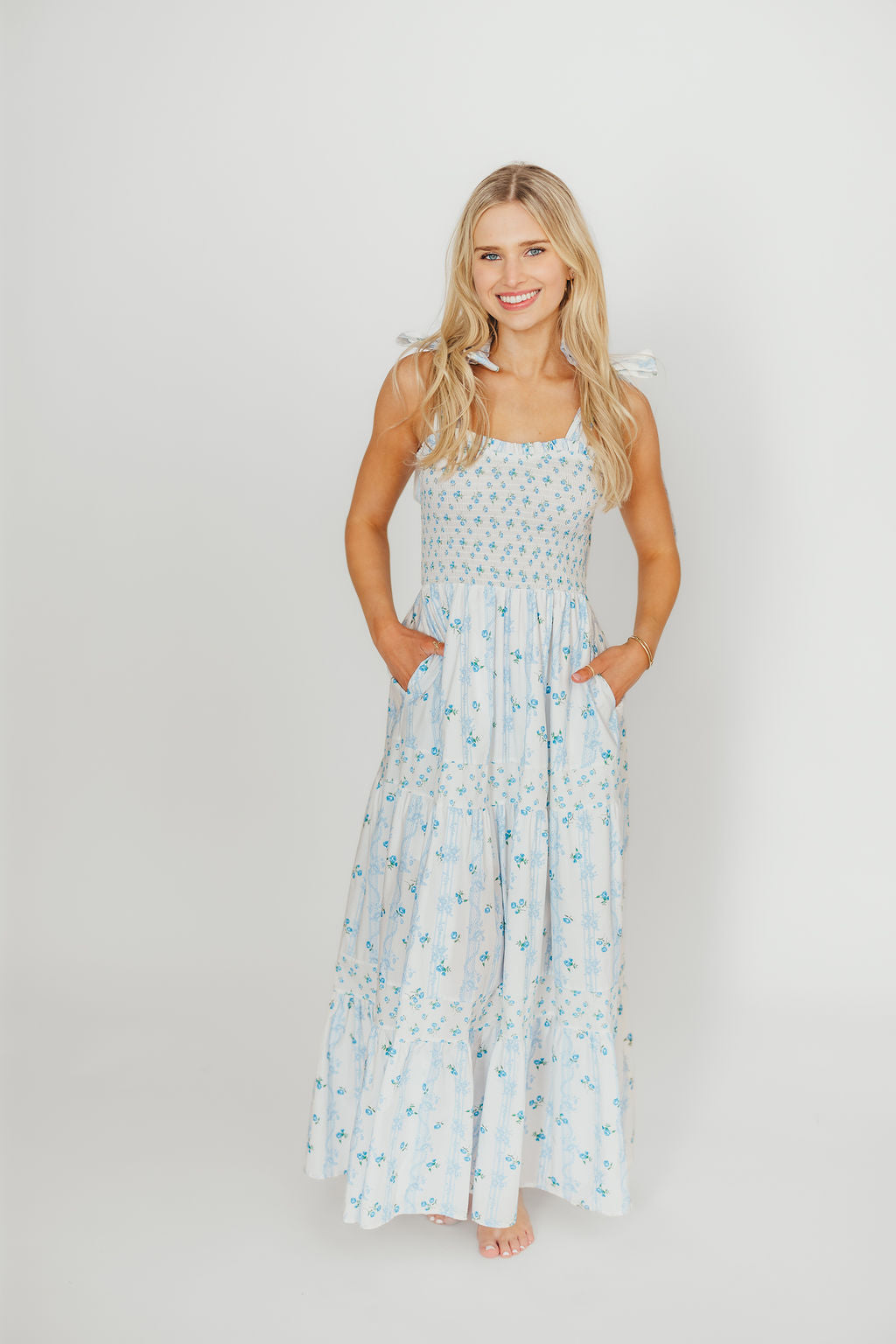 Kathryn Floral Print Tie Shoulder Maxi Dress - Ivory & Blue Floral Summer Dress for Women | Perfect for Beach Vacations, Weddings & Date Nights