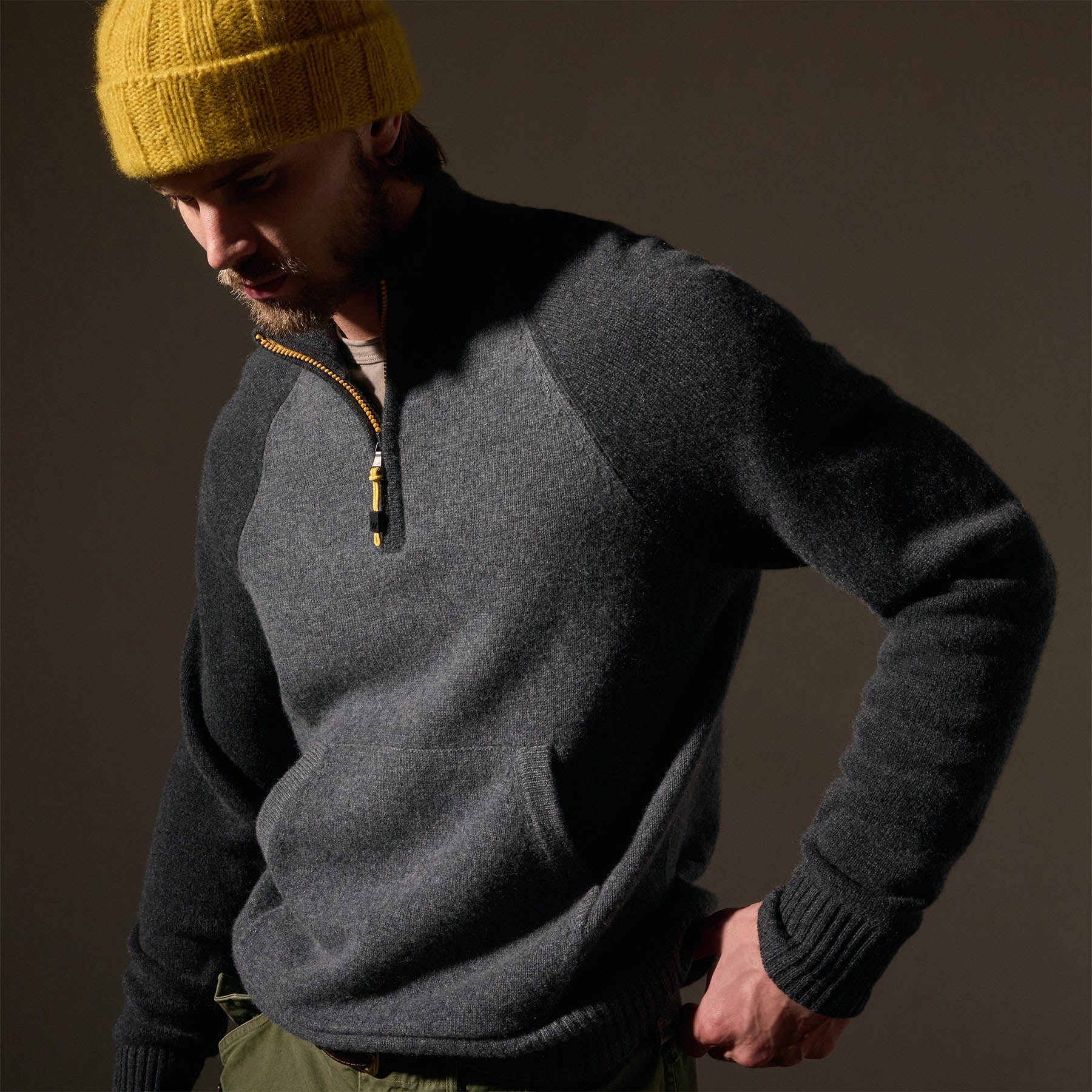 Recycled Cashmere Color Blocked Half Zip Sweater - Flannel/Coal - Eco-Friendly Winter Pullover for Women & Men - Perfect for Casual Outings & Cozy Evenings