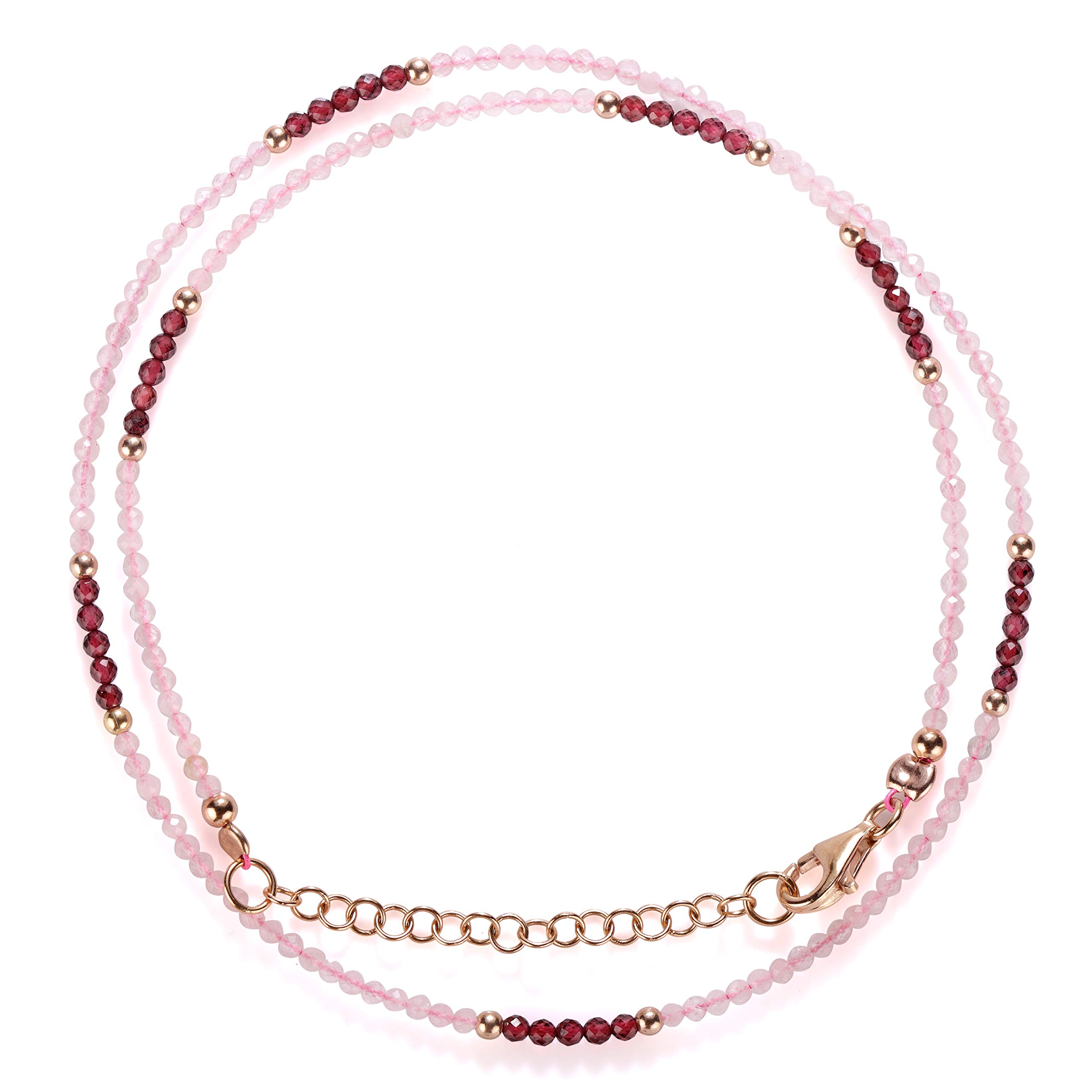 Rose Quartz & Purple Garnet Beaded Stone Necklace - Sterling Silver with Rose Gold Plated Chain | Healing Crystal Jewelry for Meditation, Yoga & Spiritual Gifts