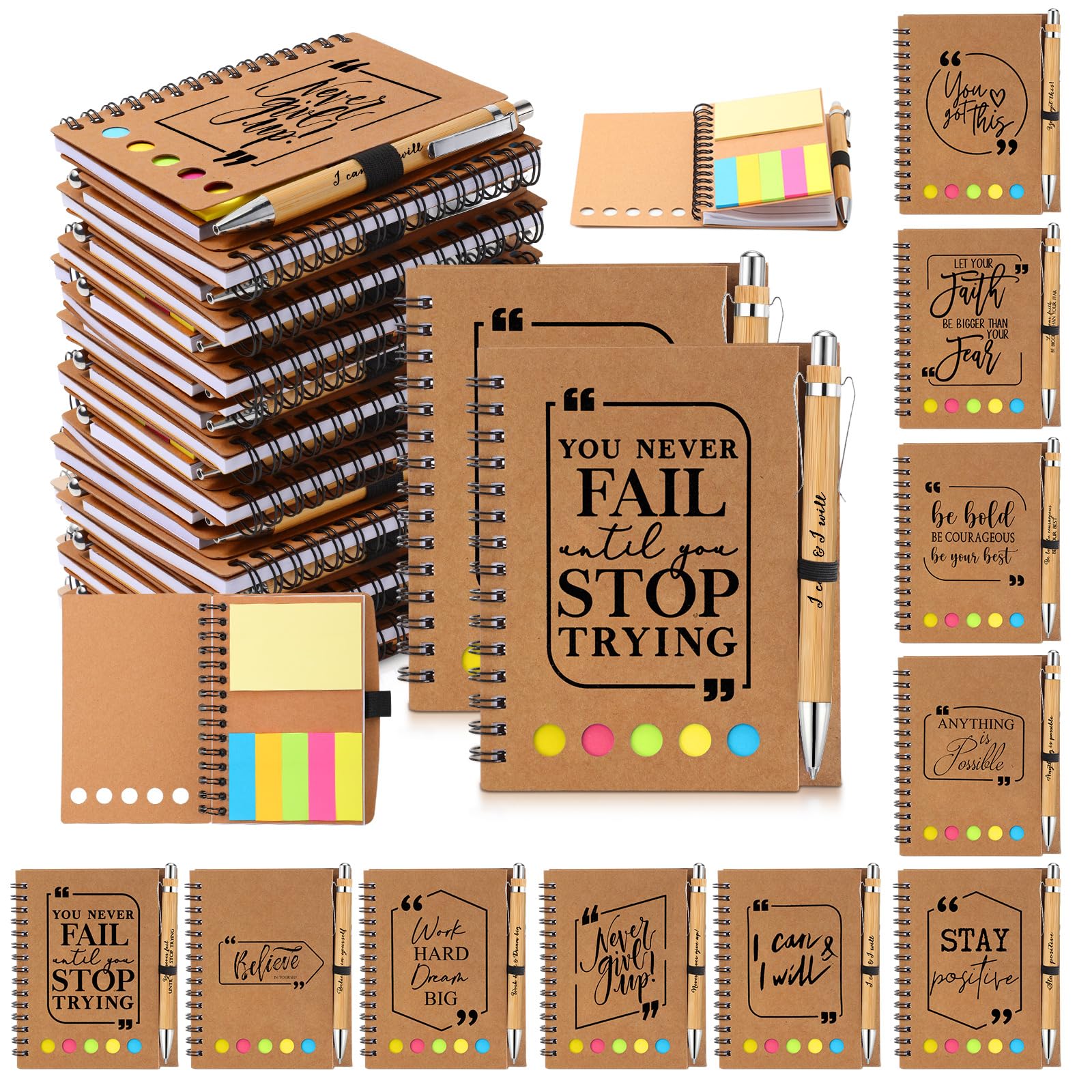 20 Sets Inspirational Notebook and Pen Gift Set - Spiral Journal Notepad with Sticky Notes & Motivational Bamboo Ballpoint Pen - Perfect for Teacher Appreciation, Employee Recognition, Team Gifts (Bulk Office Supplies for Workplace Motivation)
