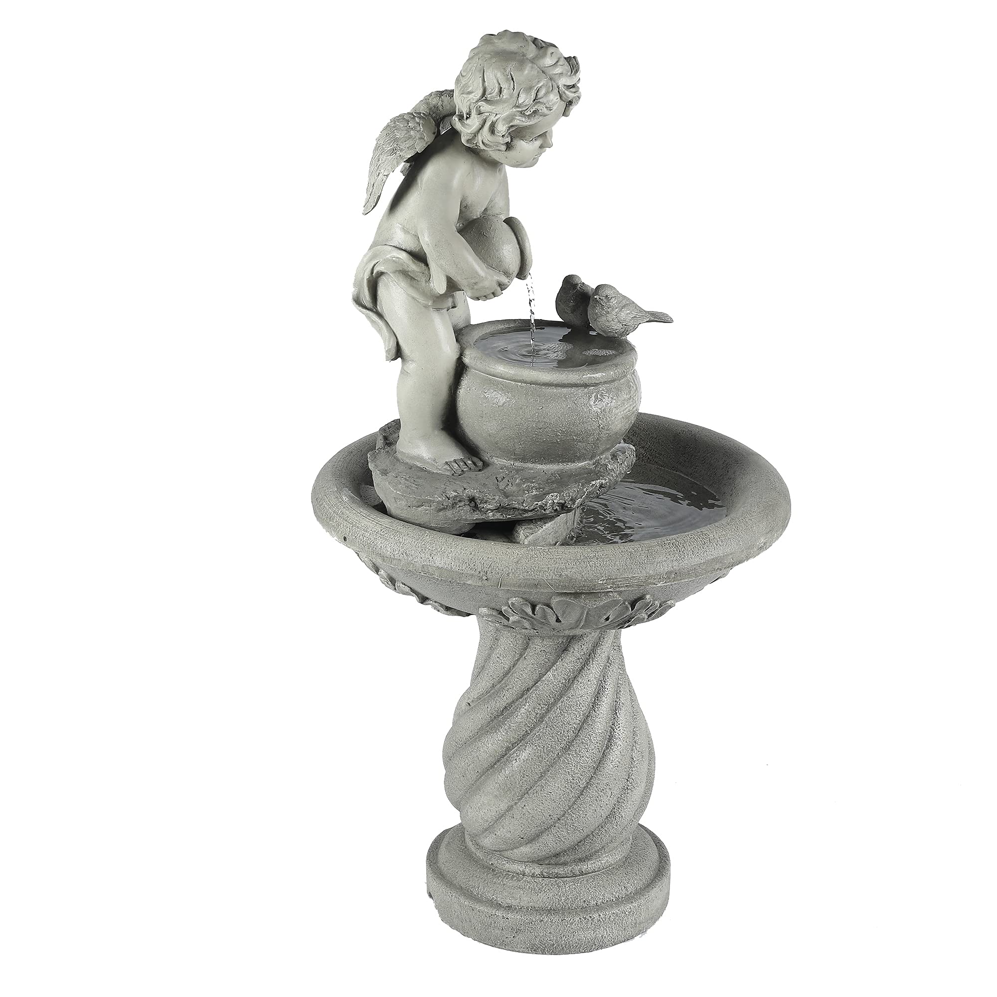 LuxenHome 34 Inch Resin Cherub Angel Water Fountain - Indoor/Outdoor Garden Decor with Birds & Waterfall Feature | Perfect for Backyard, Patio, and Landscape Decoration