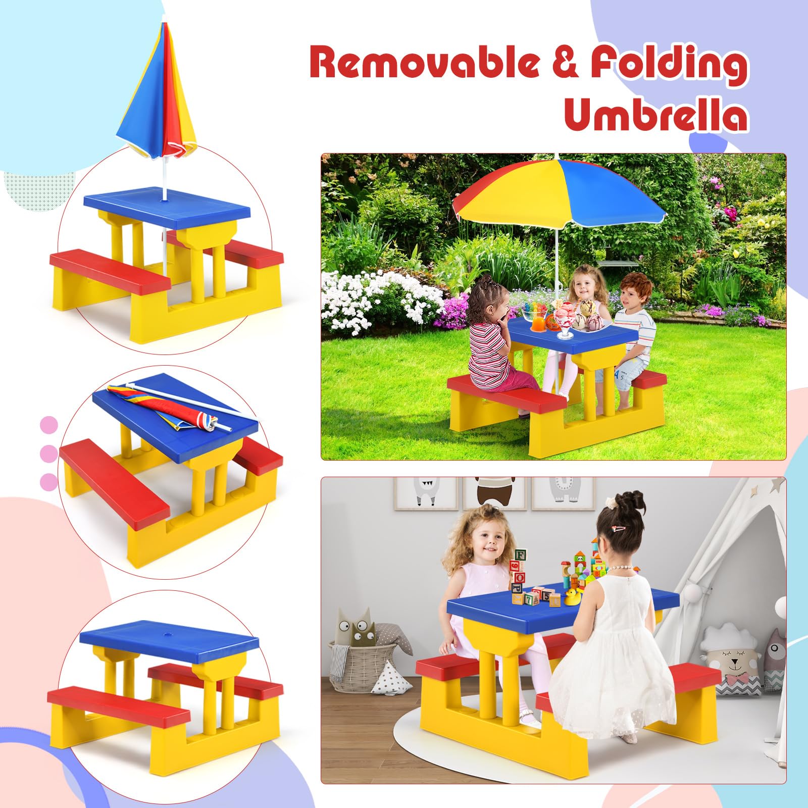 MAT EXPERT Kids Picnic Table Set - Foldable Plastic Toddler Table & Chairs with Adjustable Umbrella | Outdoor Children's Furniture for Garden, Backyard, Patio | Perfect for Playdates, Birthday Parties & Family BBQs (Multi-Color)