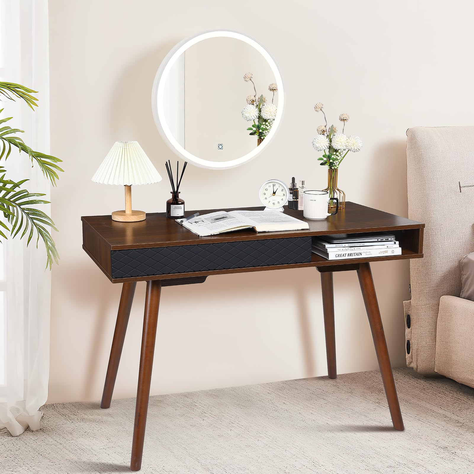 GARVEE 31 Inch Walnut Writing Desk - Mid Century Modern Home Office Desk with Drawers, Sturdy Wooden Study Desk for Small Spaces | Perfect for Home Office, Study Room & Workspace