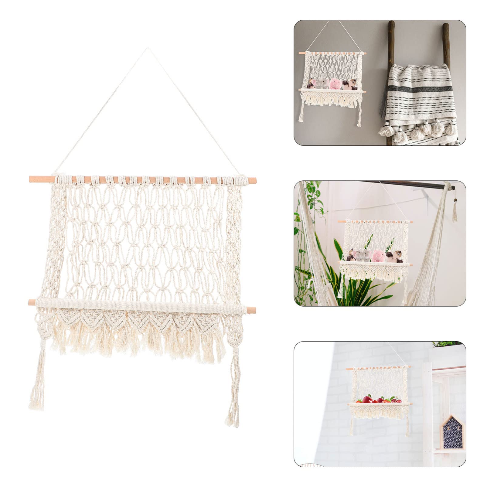 FOMIYES Wooden Wall Shelf Set - Macrame Tapestry Storage Rack, Flower Pot Holder, Magazine Stand, Doll Display Shelf for Bedroom Decor | Perfect for Boho Home, Nursery, Living Room Wall Organization