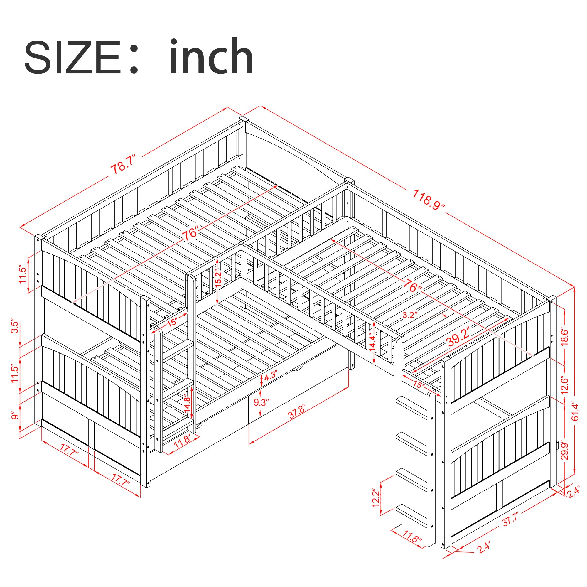 SOFTSEA Solid Wood L-Shaped Corner Bunk Bed for 3 Kids - Twin Over Twin Triple Bunk Bed with 2 Drawers & Loft Bed, Space-Saving Kids Bedroom Furniture (Gray) - Perfect for Small Rooms, Shared Kids Bedrooms & Vacation Homes
